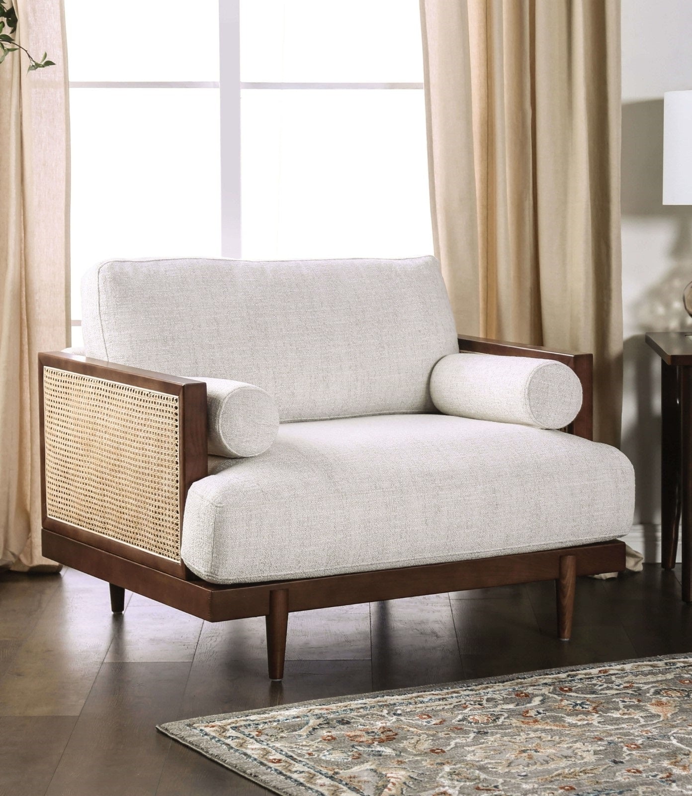 Mid-Century Modern Beige Accent Chair with Rattan Details & Ash Wood Trim
