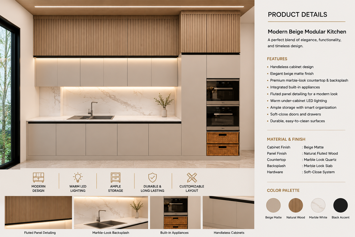 Modern Beige Modular Kitchen with Integrated Appliances