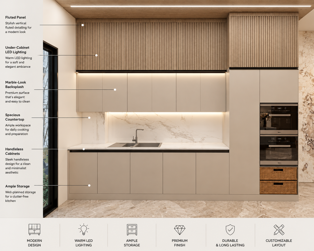 Modern Beige Modular Kitchen with Integrated Appliances