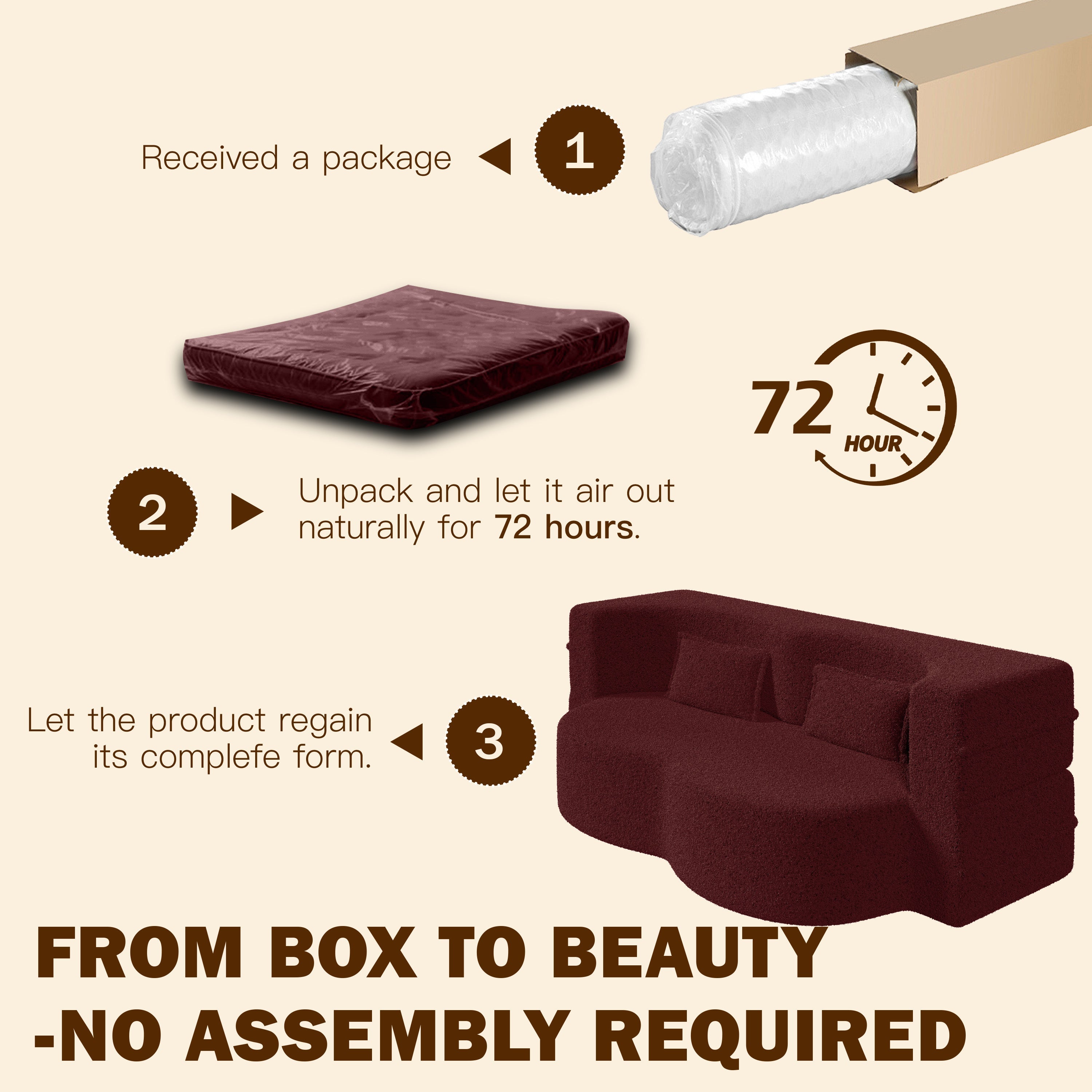 Modern Convertible Teddy Fabric Floor Sofa Bed with 2 Pillows – Burgundy