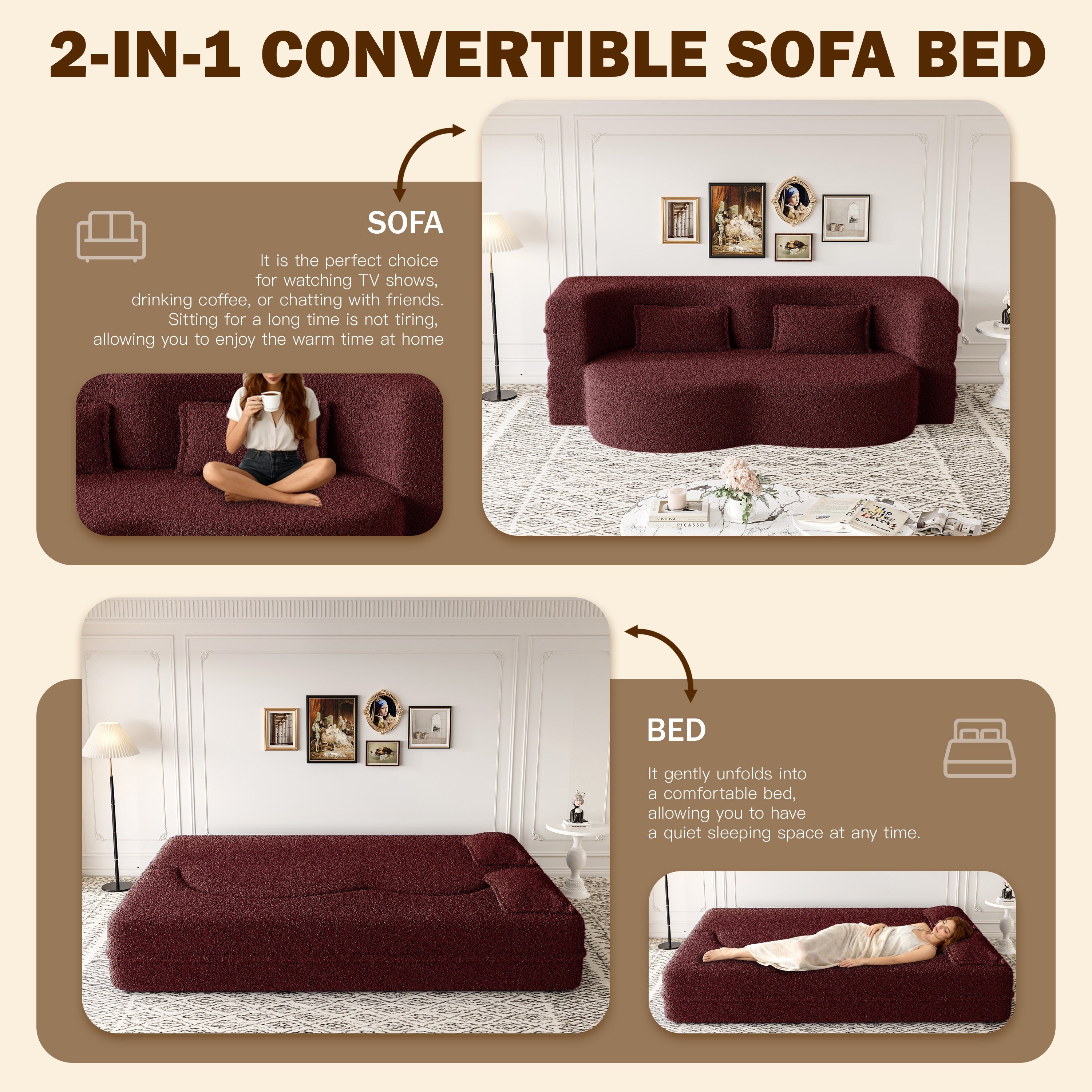 Modern Convertible Teddy Fabric Floor Sofa Bed with 2 Pillows – Burgundy
