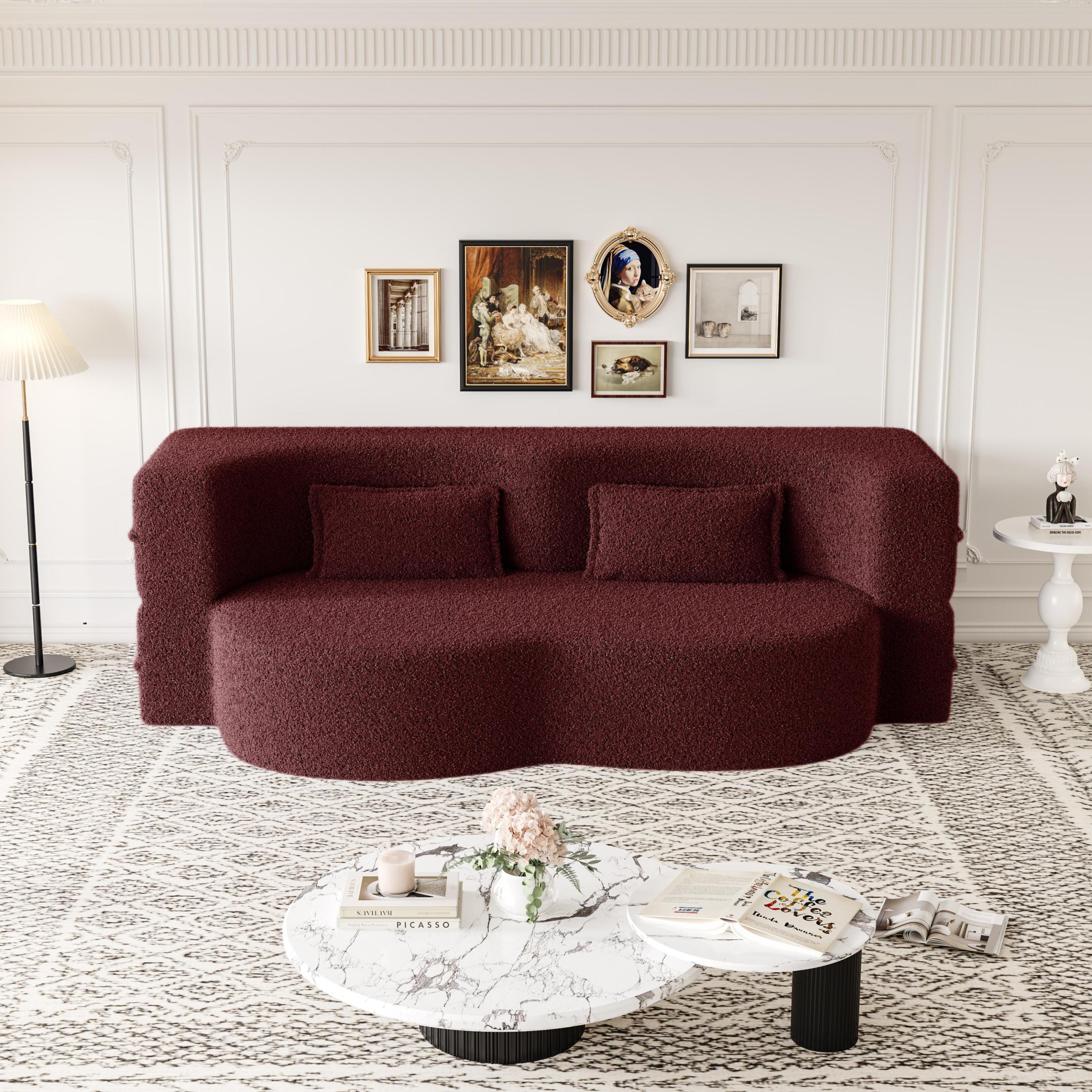 Modern Convertible Teddy Fabric Floor Sofa Bed with 2 Pillows – Burgundy
