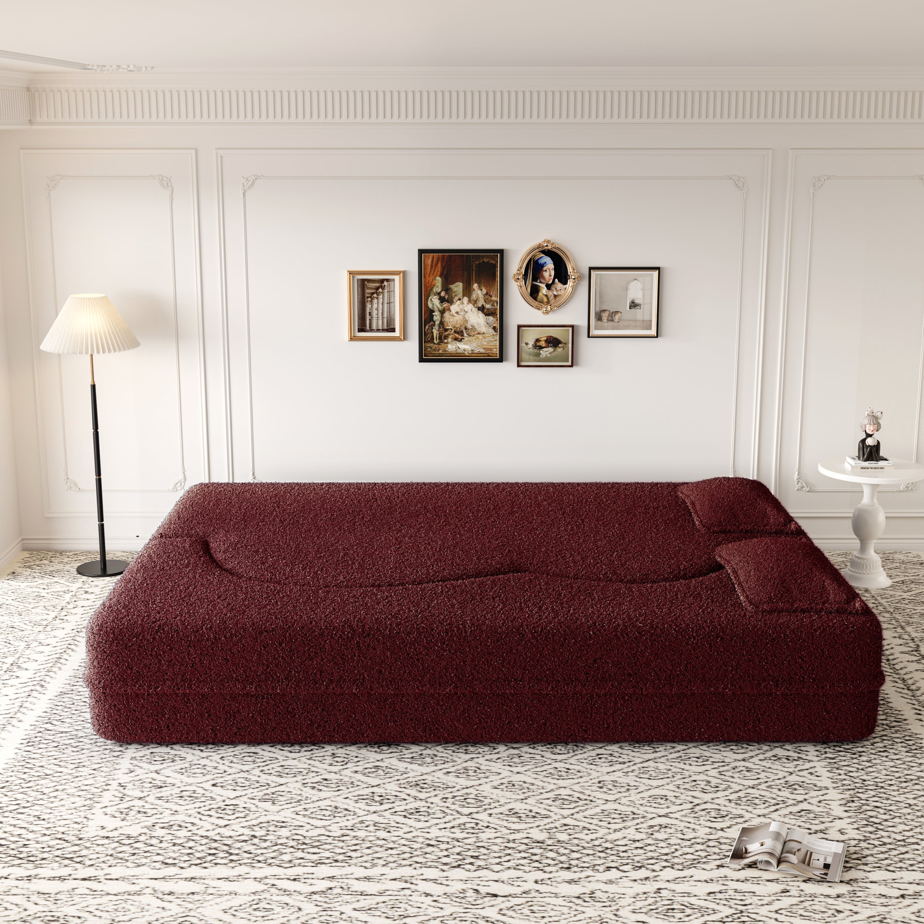 Modern Convertible Teddy Fabric Floor Sofa Bed with 2 Pillows – Burgundy