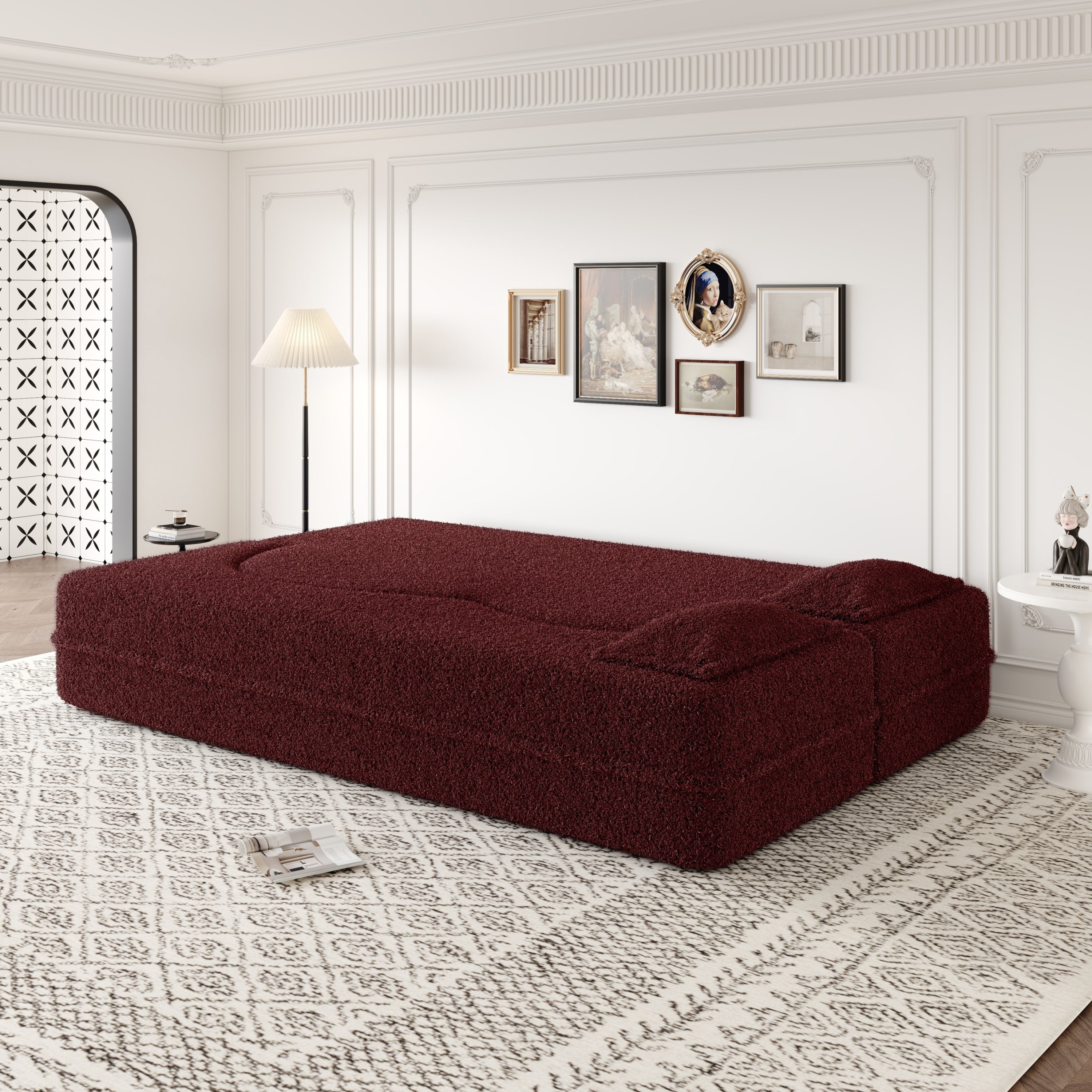 Modern Convertible Teddy Fabric Floor Sofa Bed with 2 Pillows – Burgundy