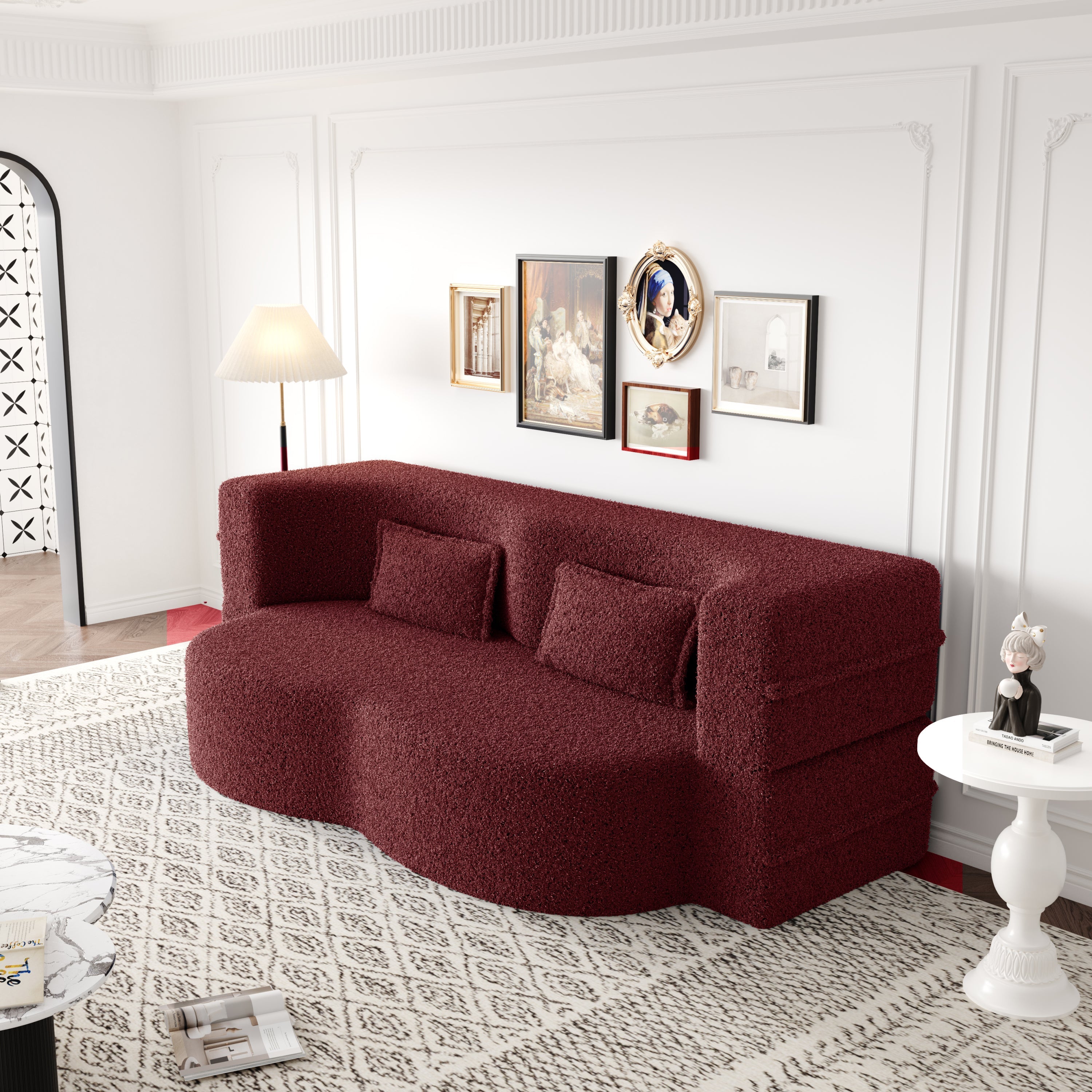 Modern Convertible Teddy Fabric Floor Sofa Bed with 2 Pillows – Burgundy