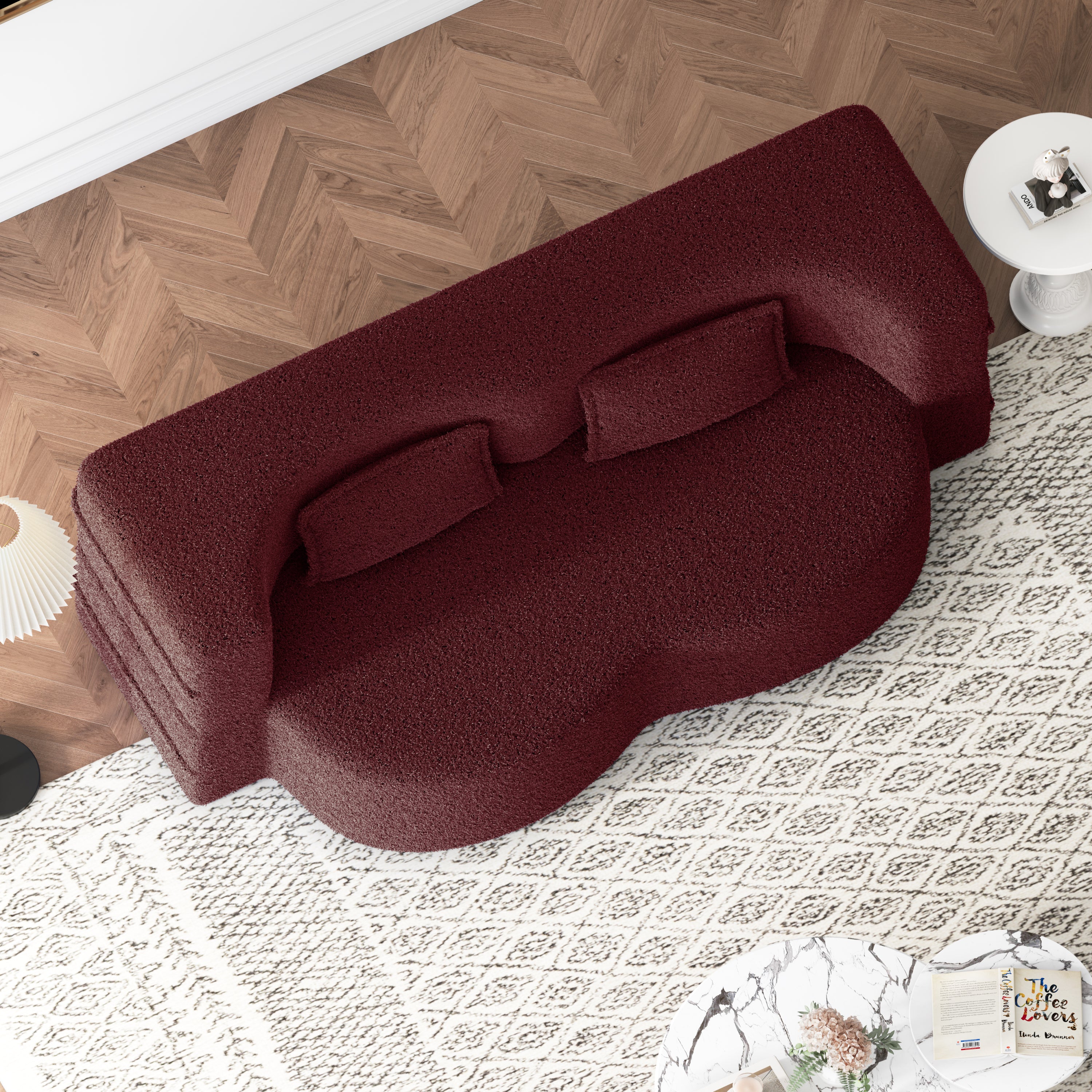 Modern Convertible Teddy Fabric Floor Sofa Bed with 2 Pillows – Burgundy