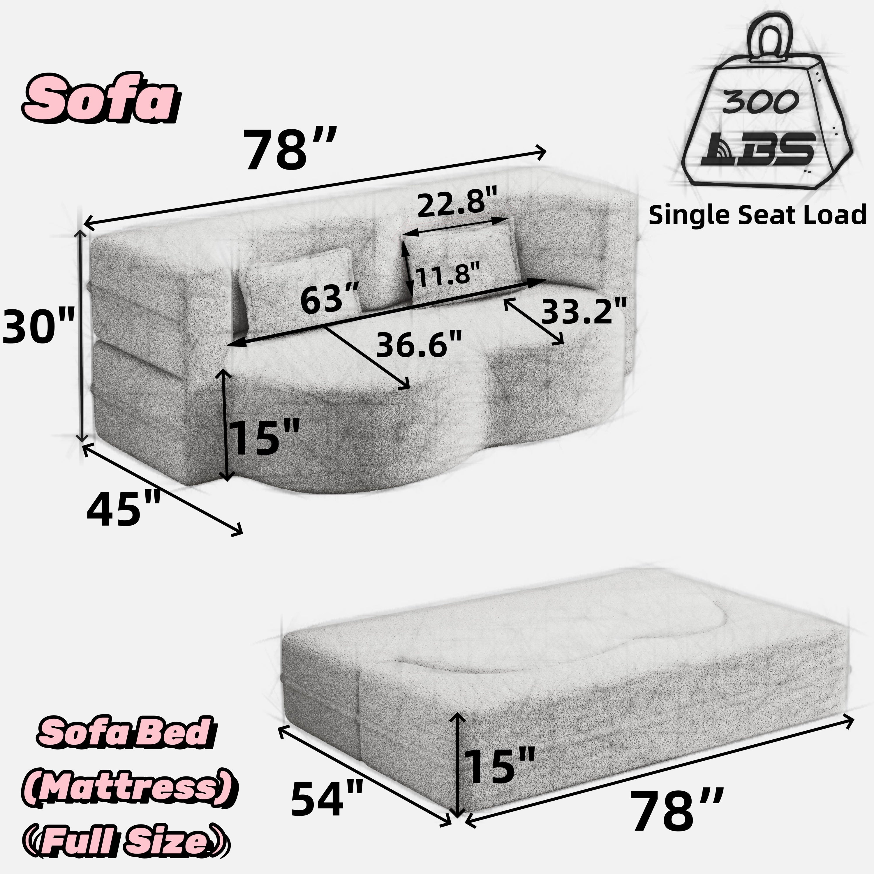 Modern Convertible Teddy Fabric Floor Sofa Bed with 2 Pillows – Burgundy