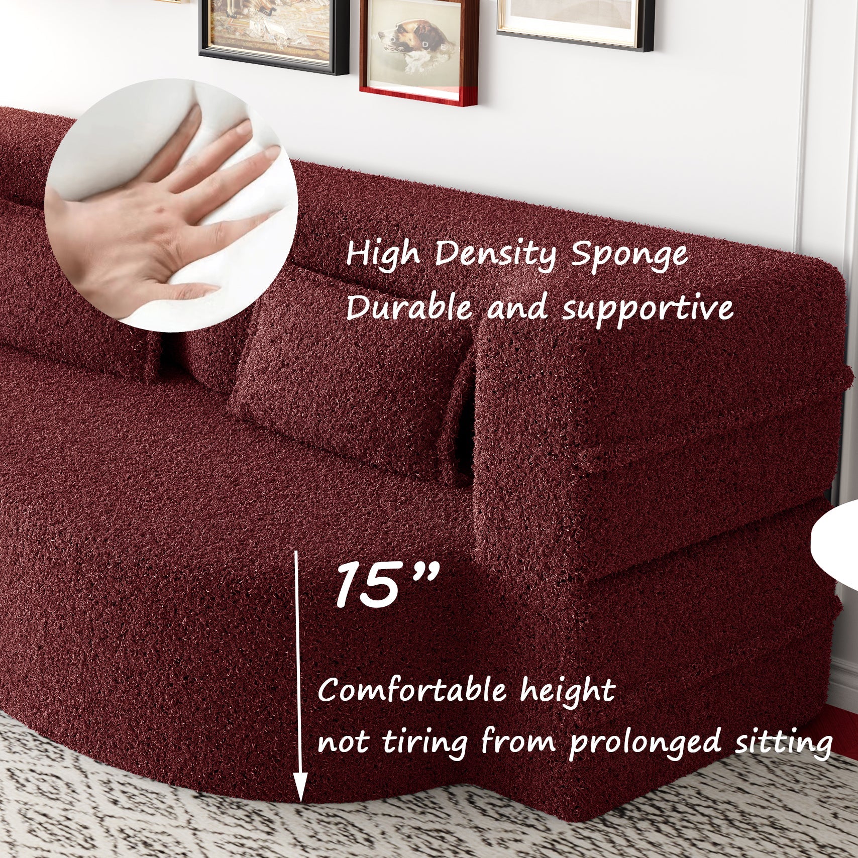 Modern Convertible Teddy Fabric Floor Sofa Bed with 2 Pillows – Burgundy