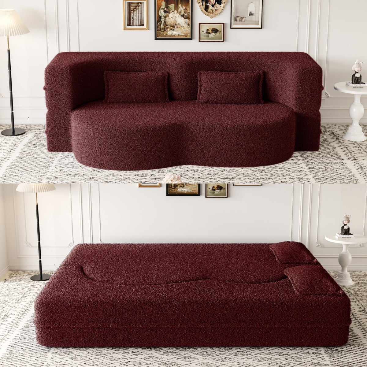 Modern Convertible Teddy Fabric Floor Sofa Bed with 2 Pillows – Burgundy