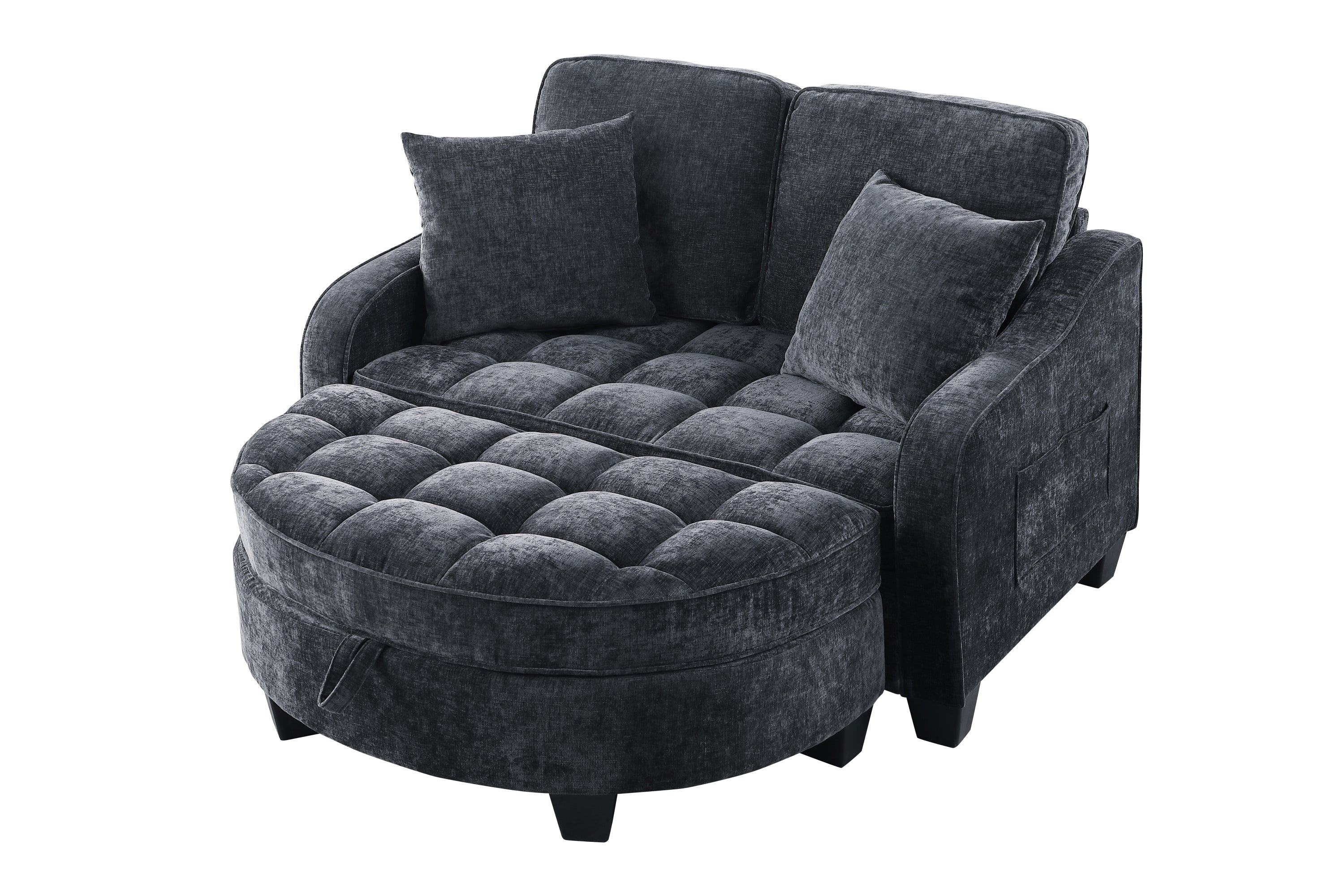 Modern Corduroy Loveseat Sofa with Storage Ottoman - Black