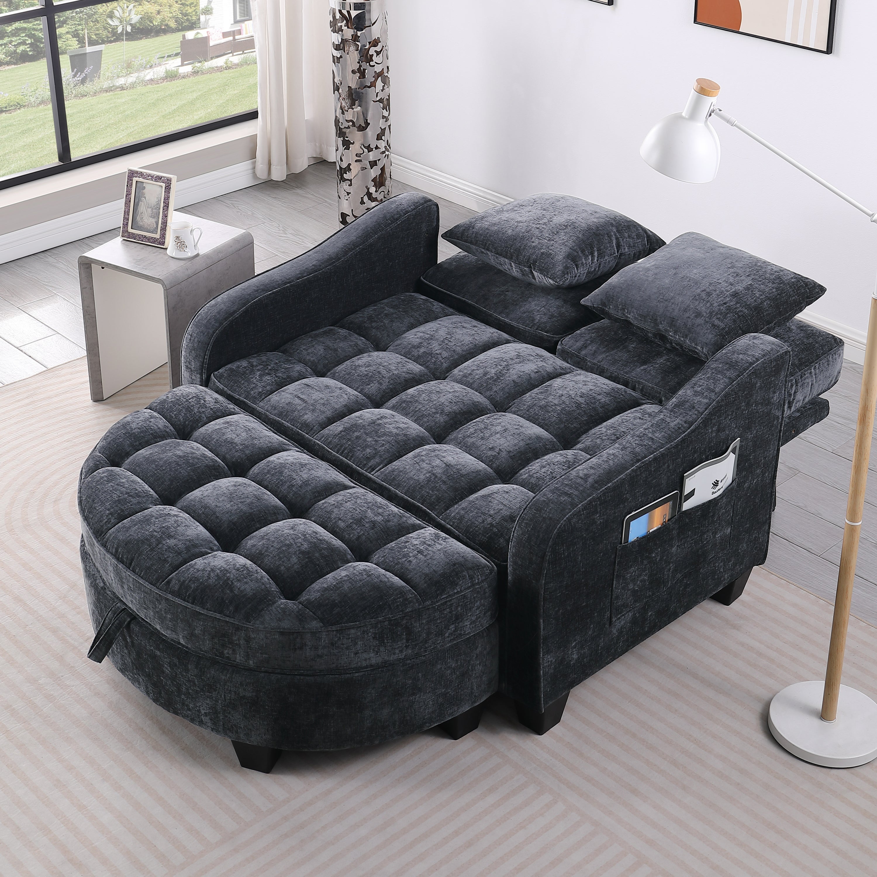 Modern Corduroy Loveseat Sofa with Storage Ottoman - Black
