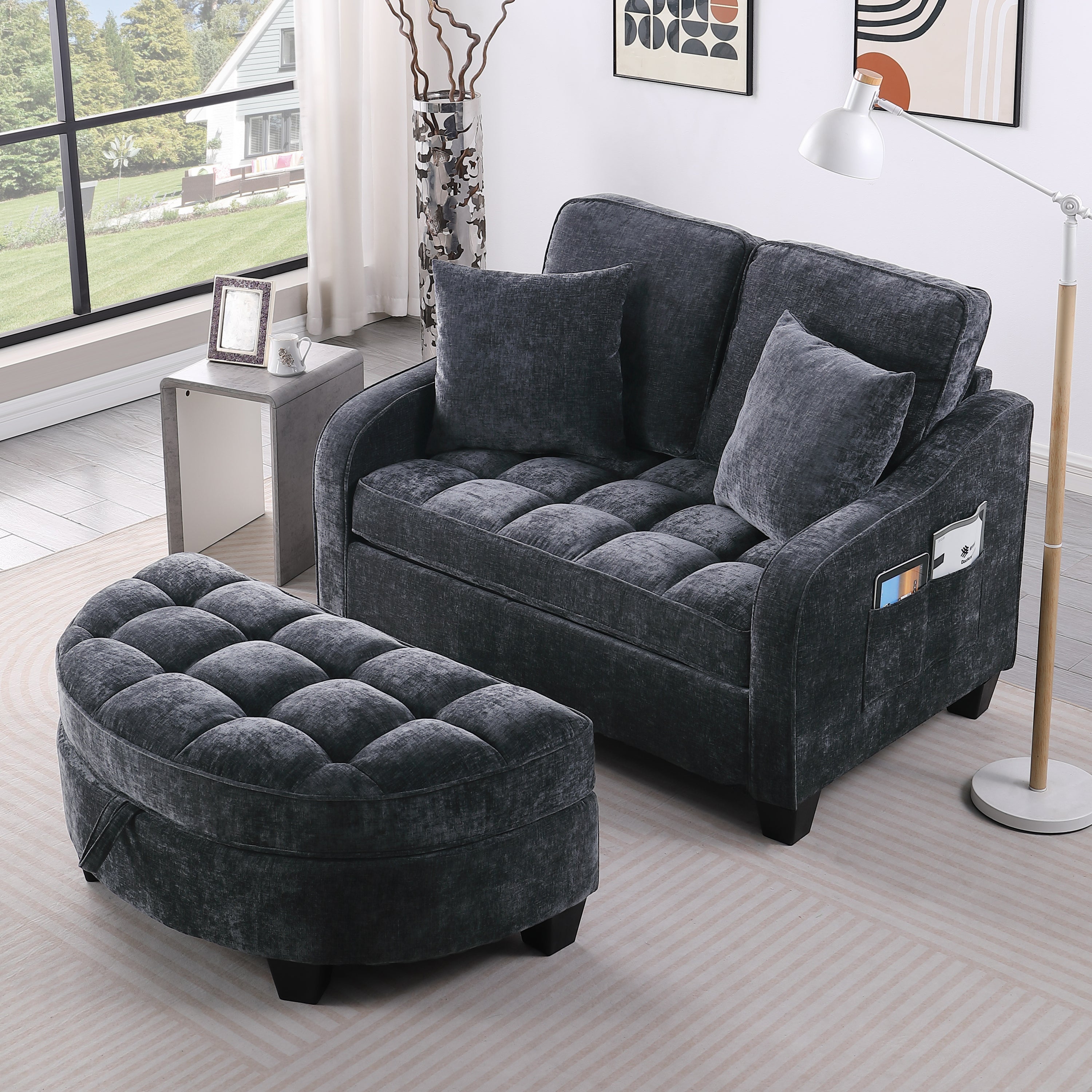 Modern Corduroy Loveseat Sofa with Storage Ottoman - Black