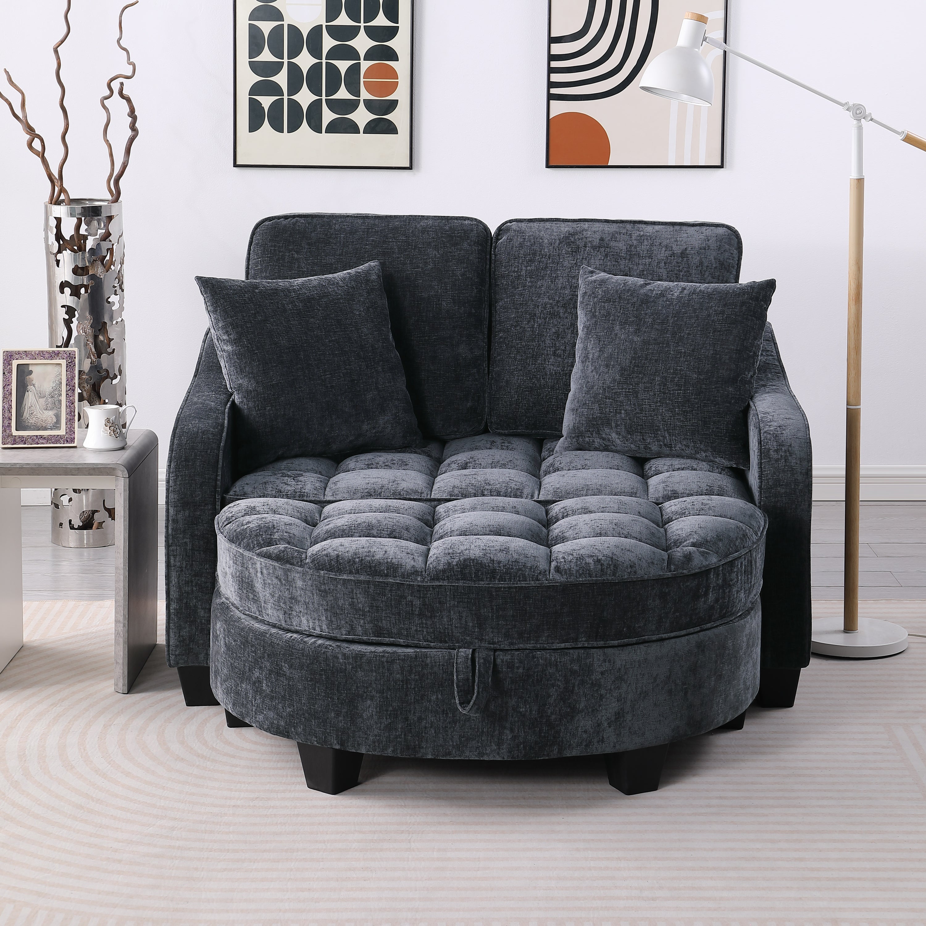 Modern Corduroy Loveseat Sofa with Storage Ottoman - Black
