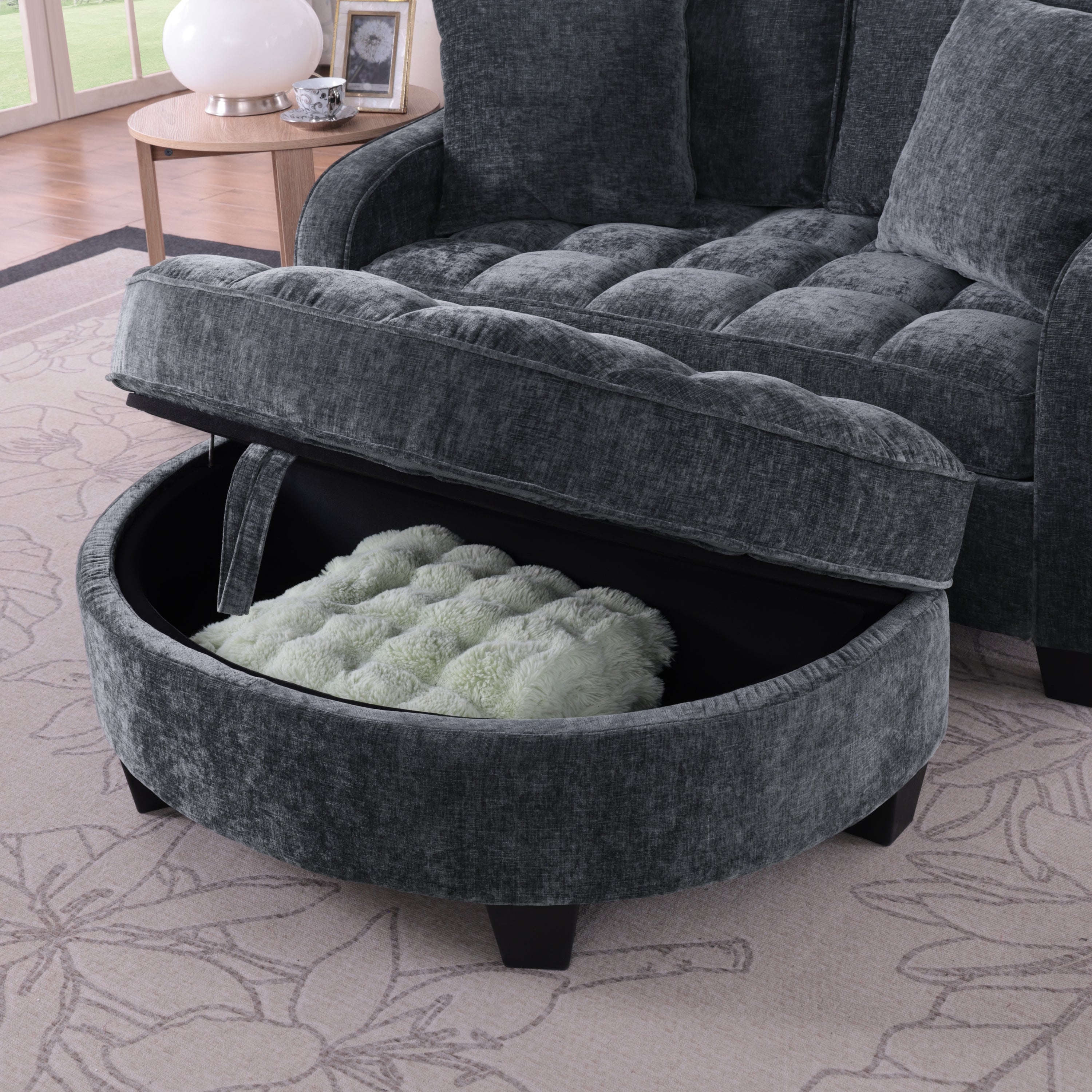 Modern Corduroy Loveseat Sofa with Storage Ottoman - Black