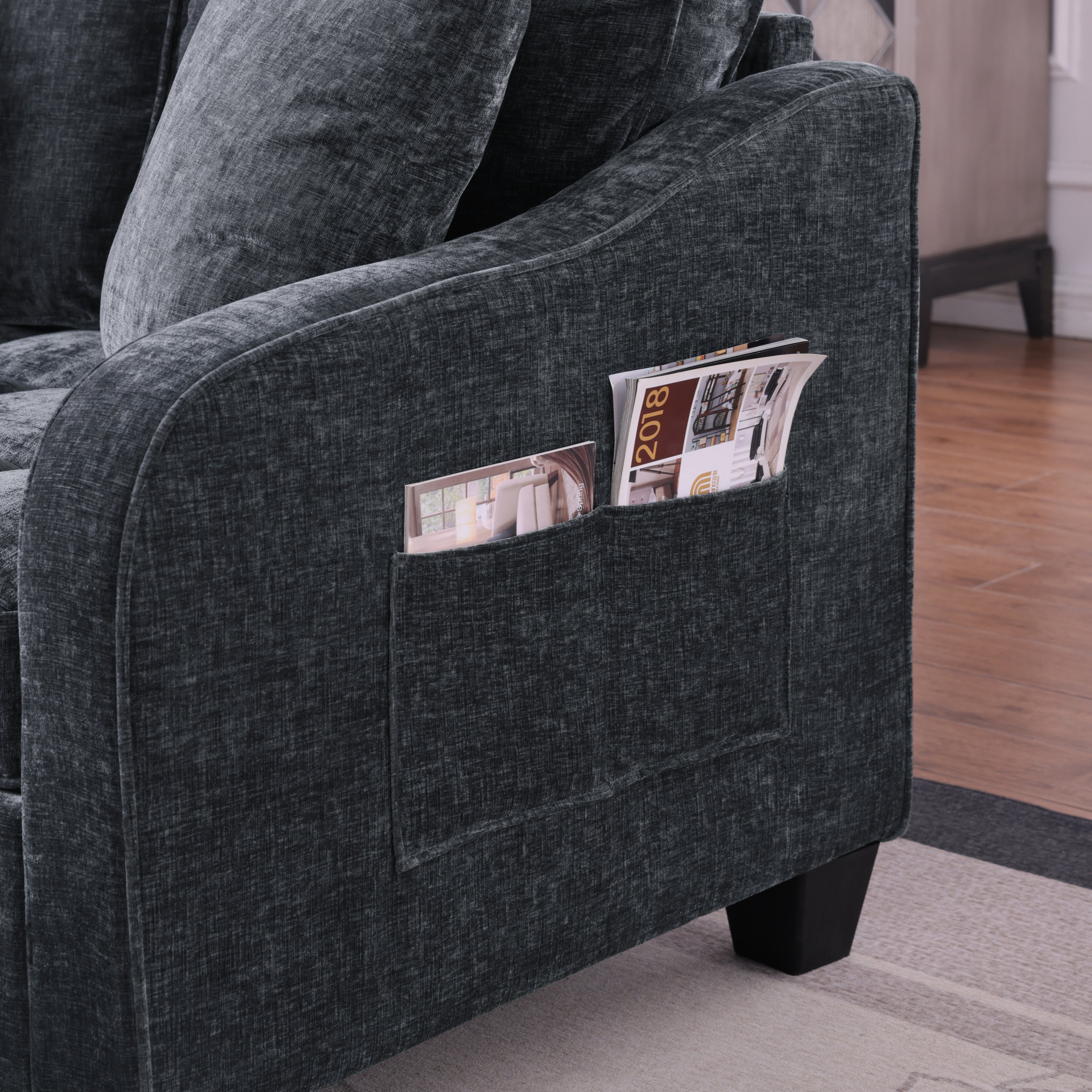 Modern Corduroy Loveseat Sofa with Storage Ottoman - Black