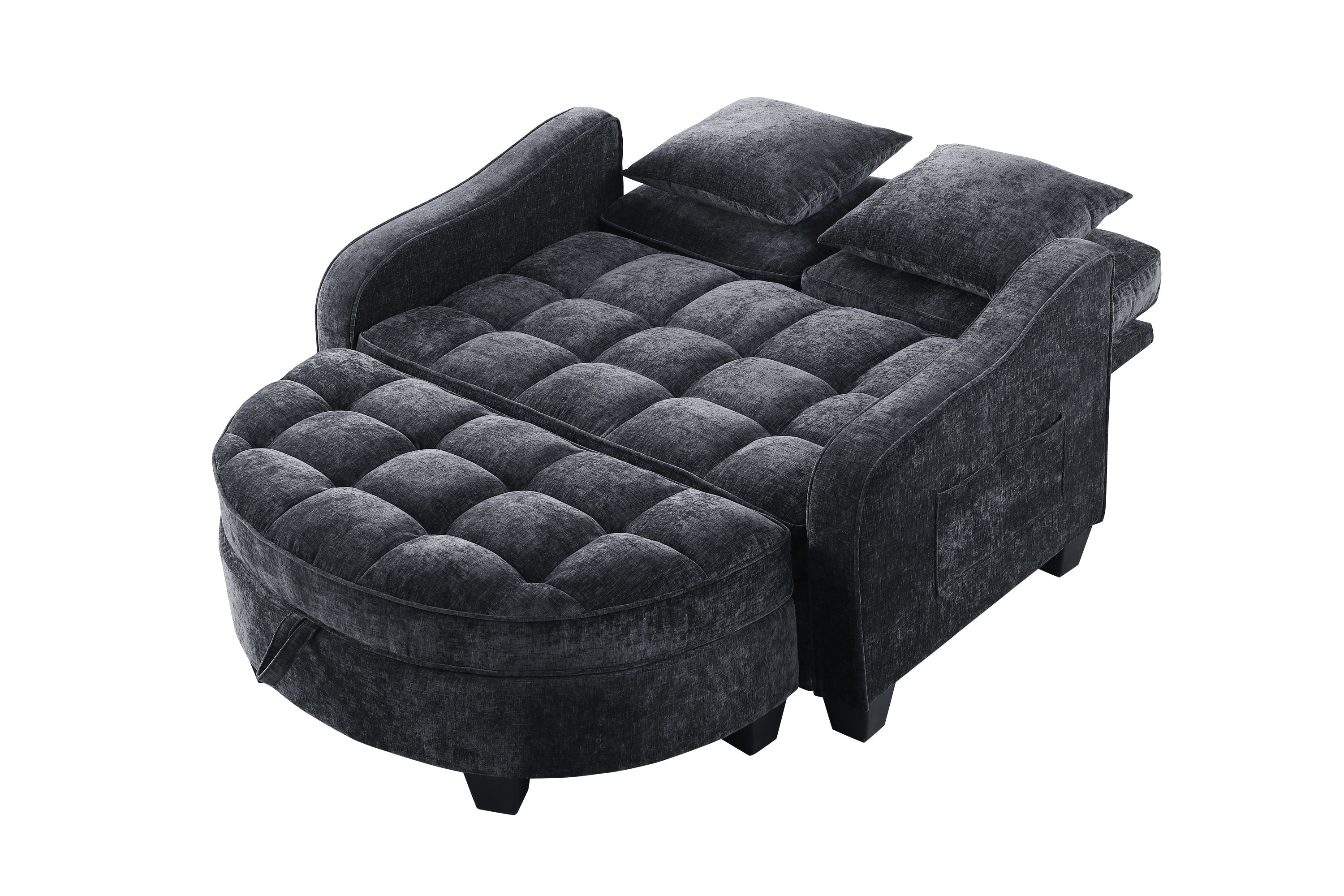 Modern Corduroy Loveseat Sofa with Storage Ottoman - Black
