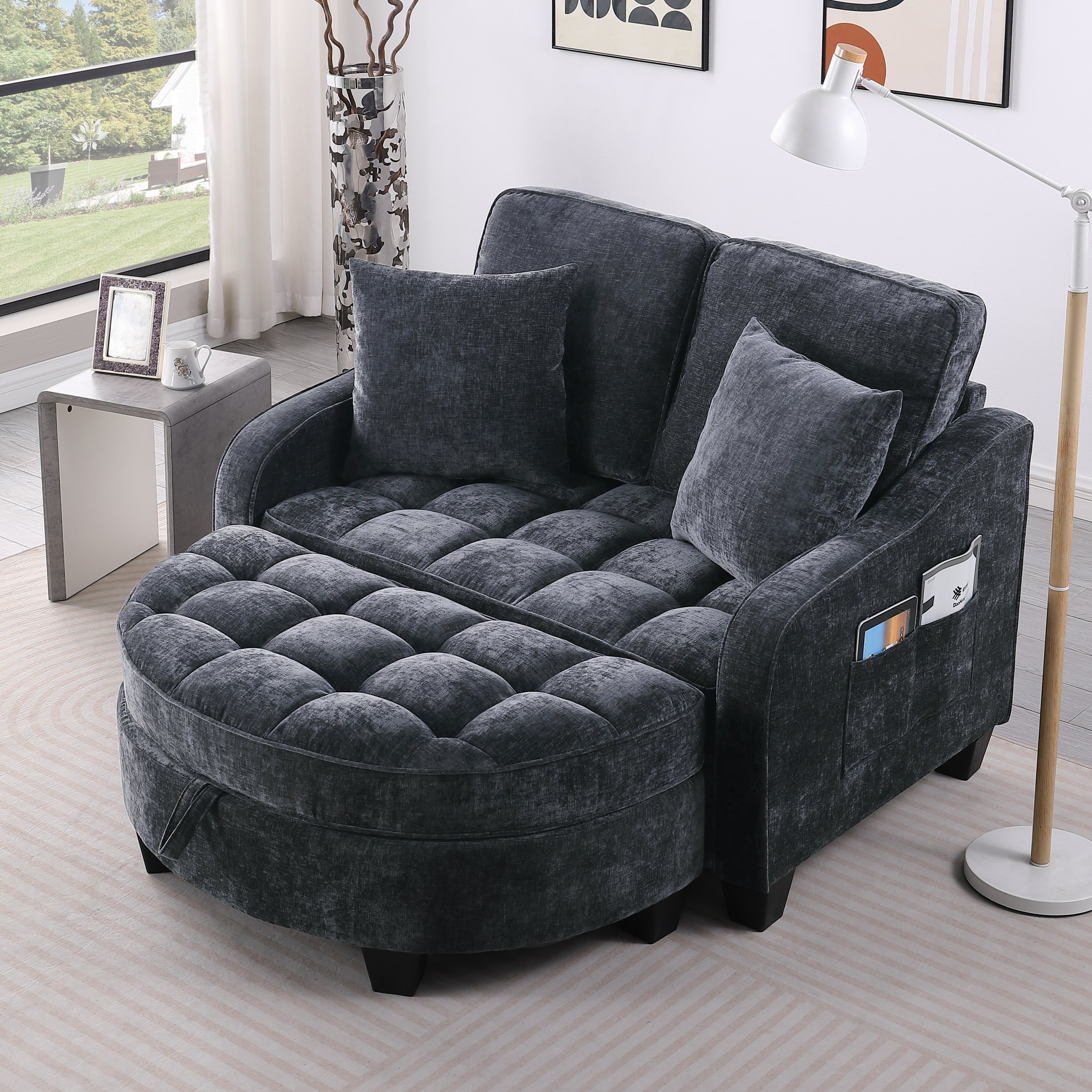 Modern Corduroy Loveseat Sofa with Storage Ottoman - Black
