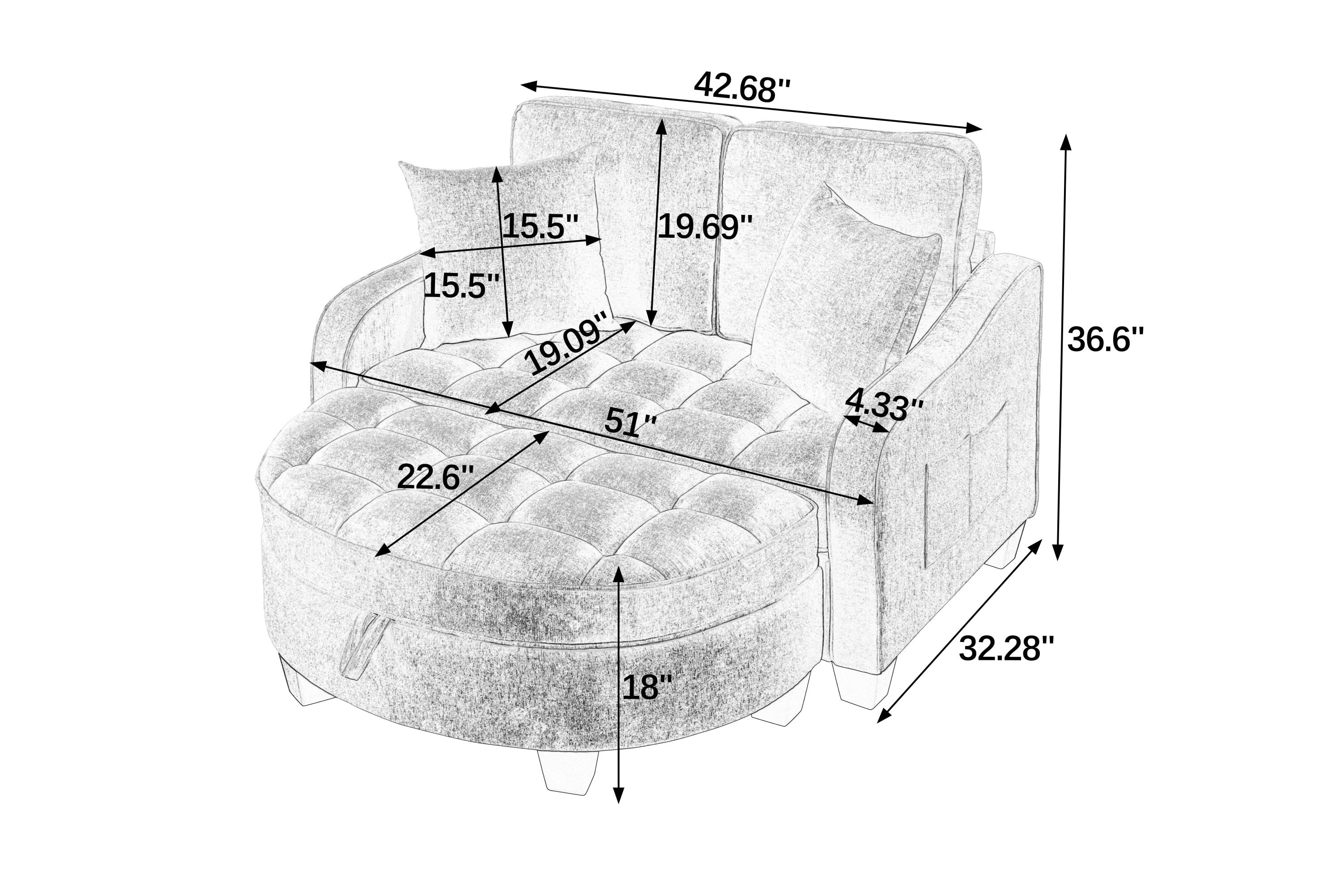 Modern Corduroy Loveseat Sofa with Storage Ottoman – Cyan