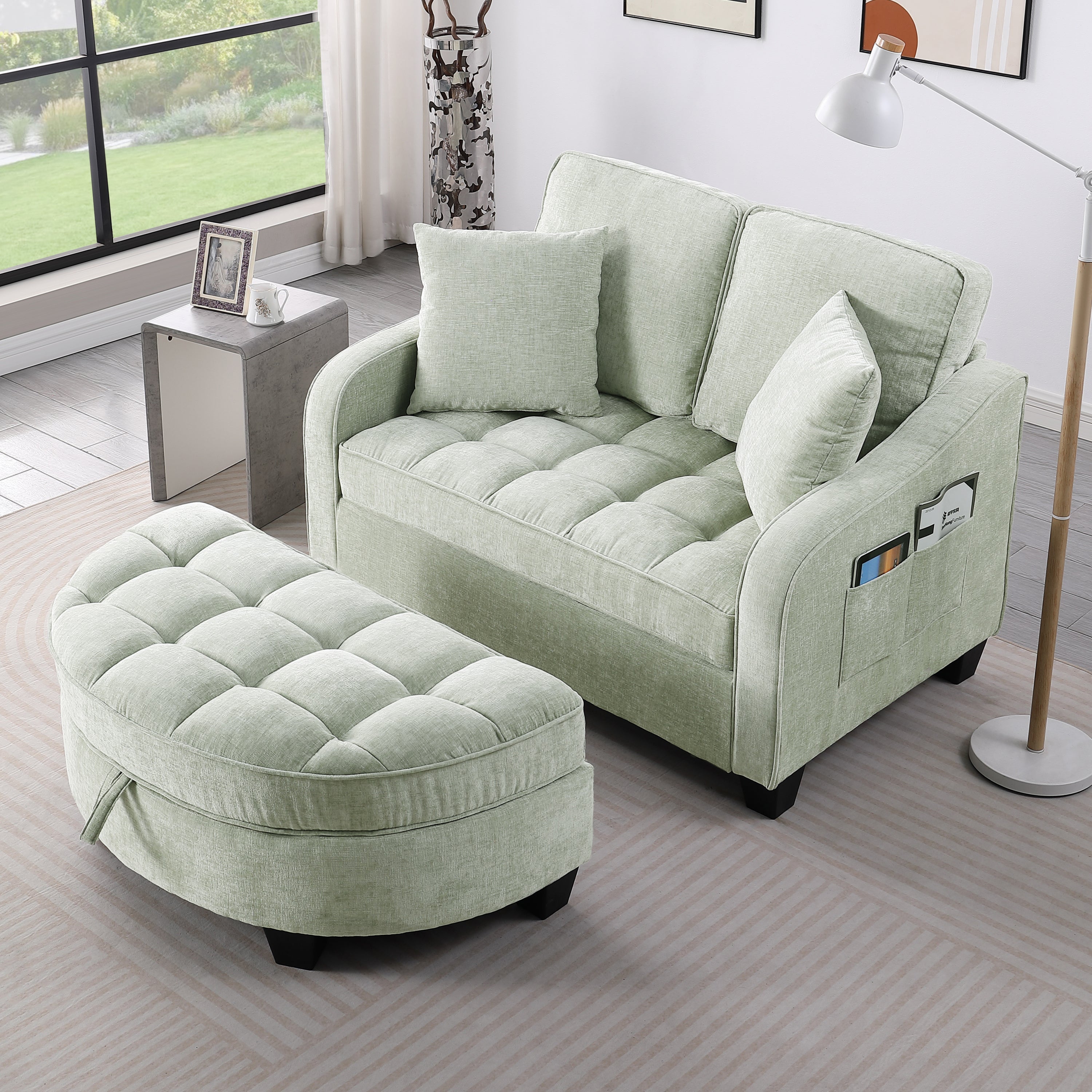Modern Corduroy Loveseat Sofa with Storage Ottoman – Cyan