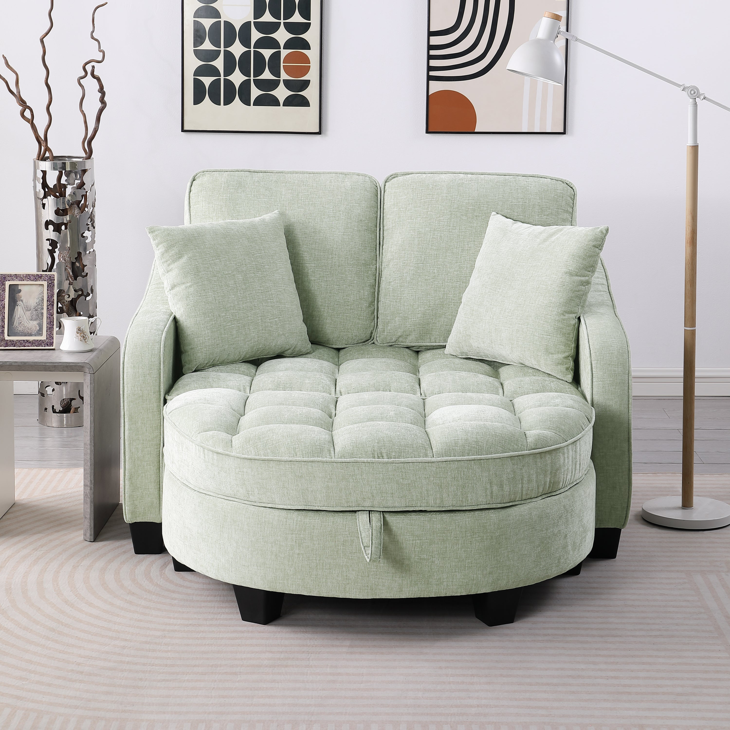 Modern Corduroy Loveseat Sofa with Storage Ottoman – Cyan
