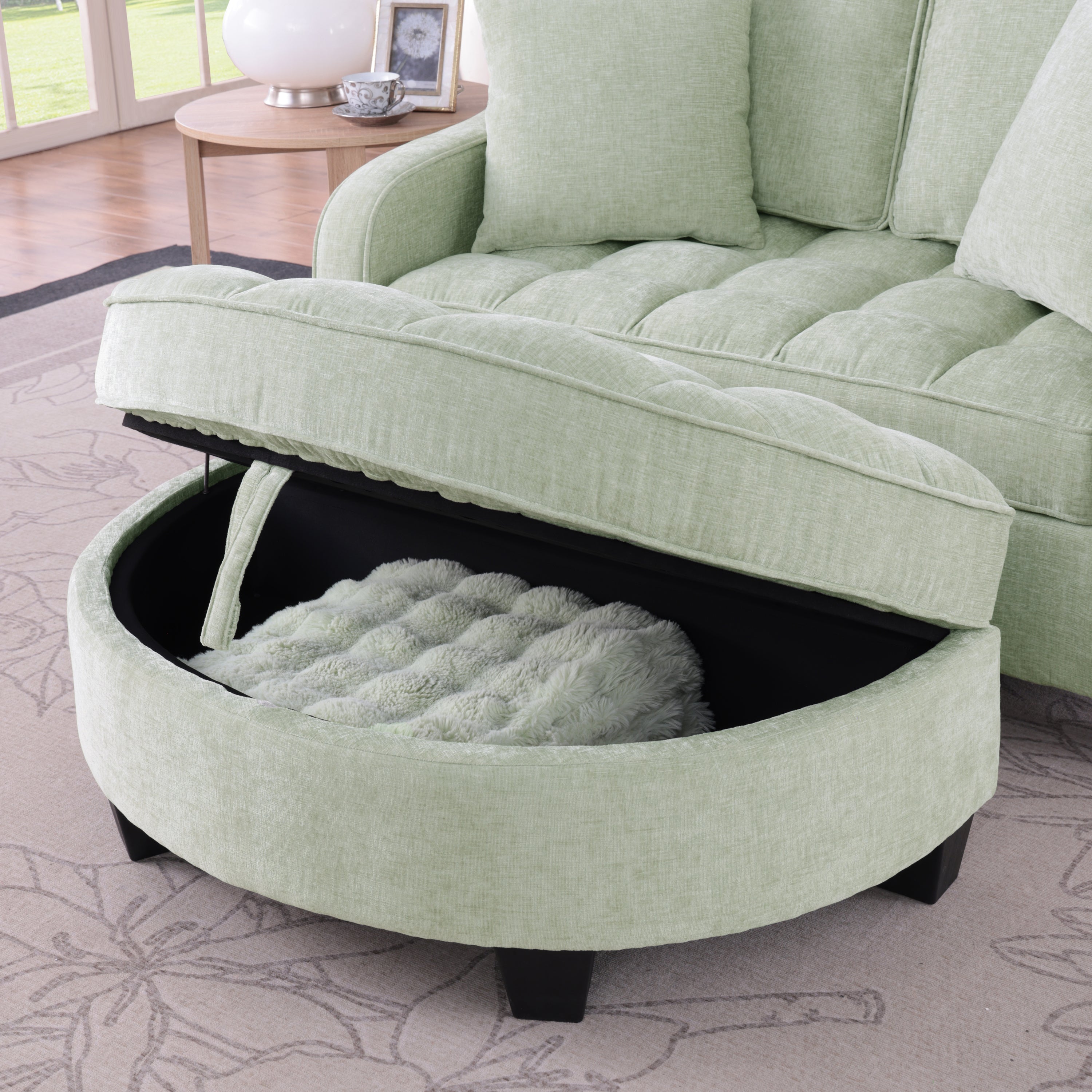 Modern Corduroy Loveseat Sofa with Storage Ottoman – Cyan