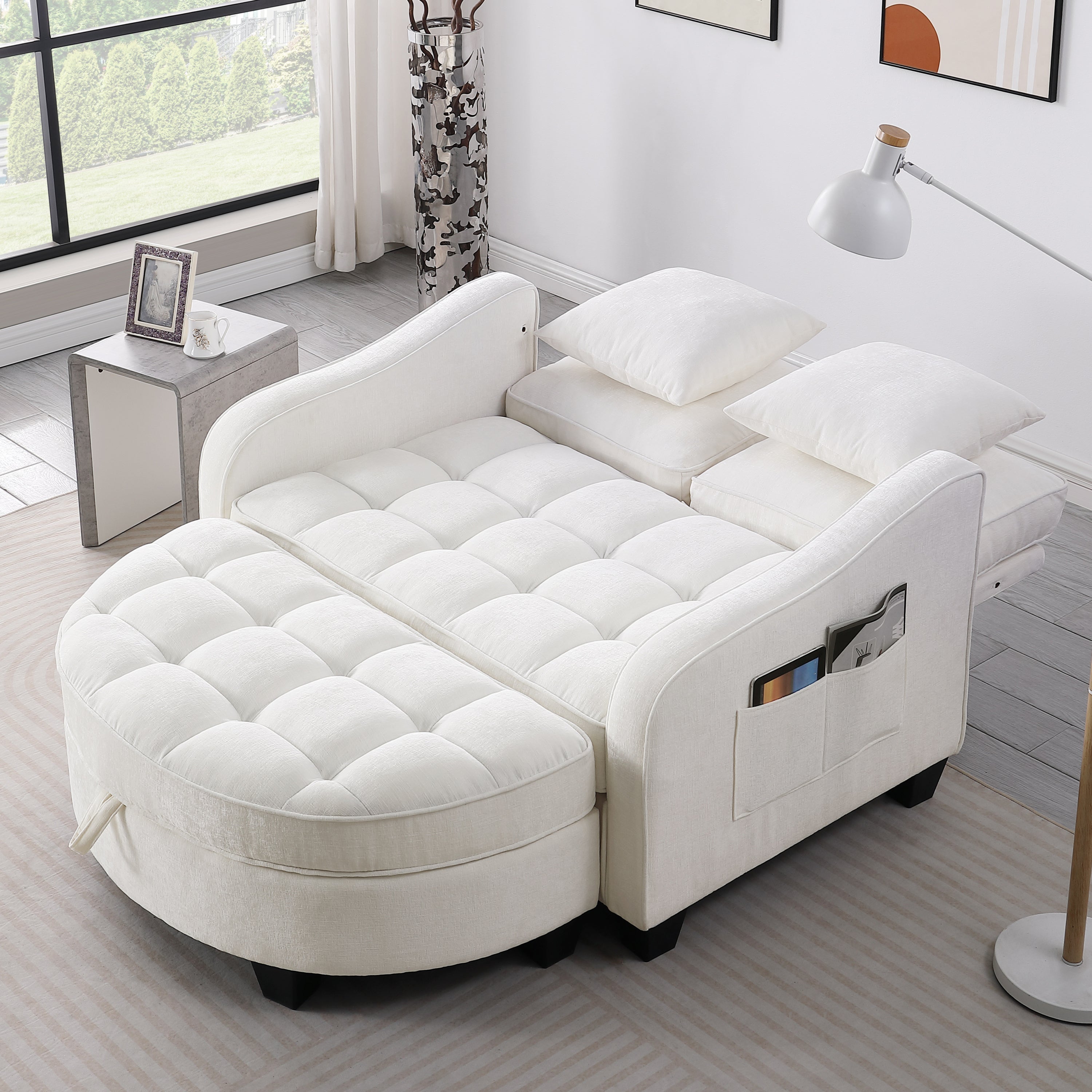 Modern Corduroy Loveseat Sofa with Storage Ottoman - White