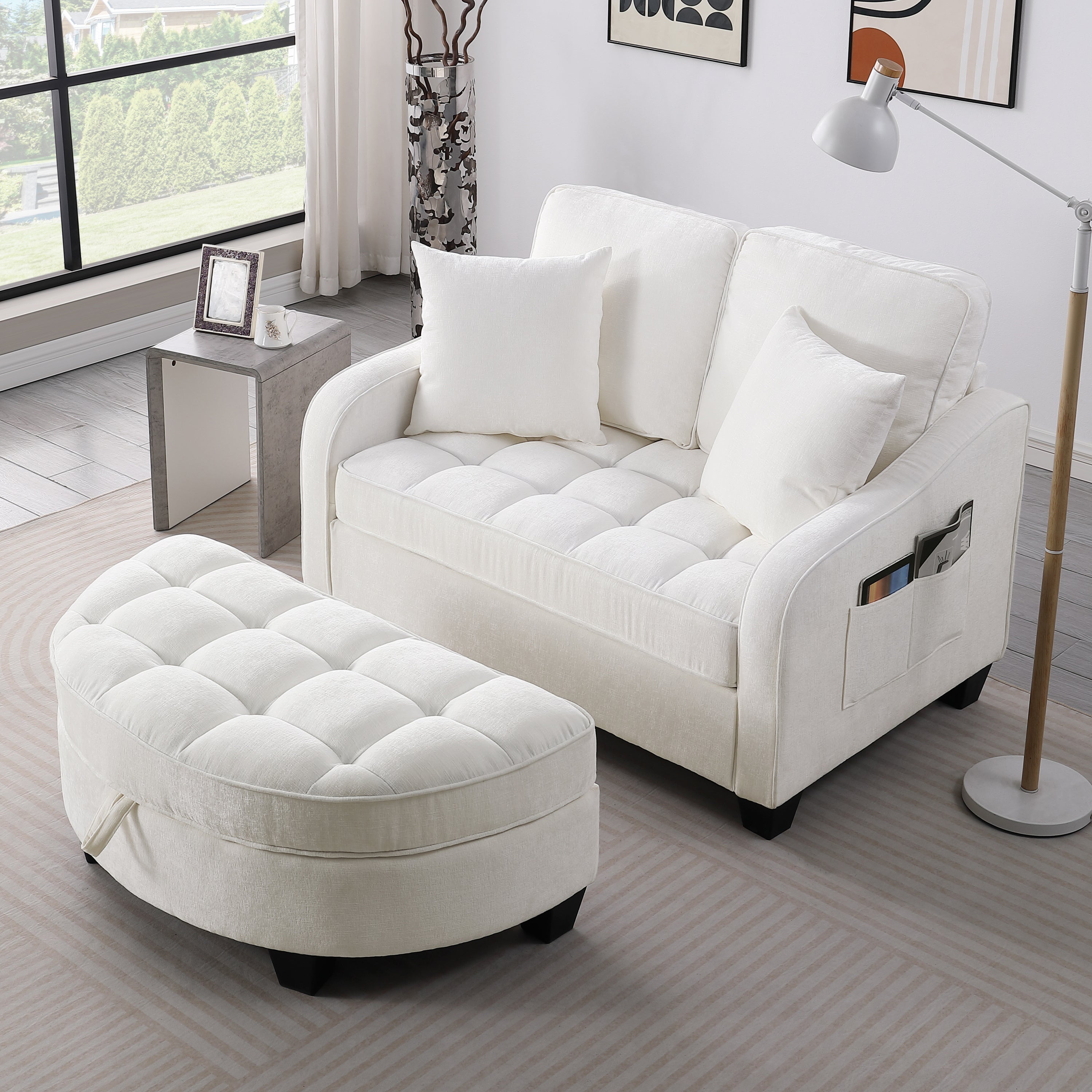 Modern Corduroy Loveseat Sofa with Storage Ottoman - White