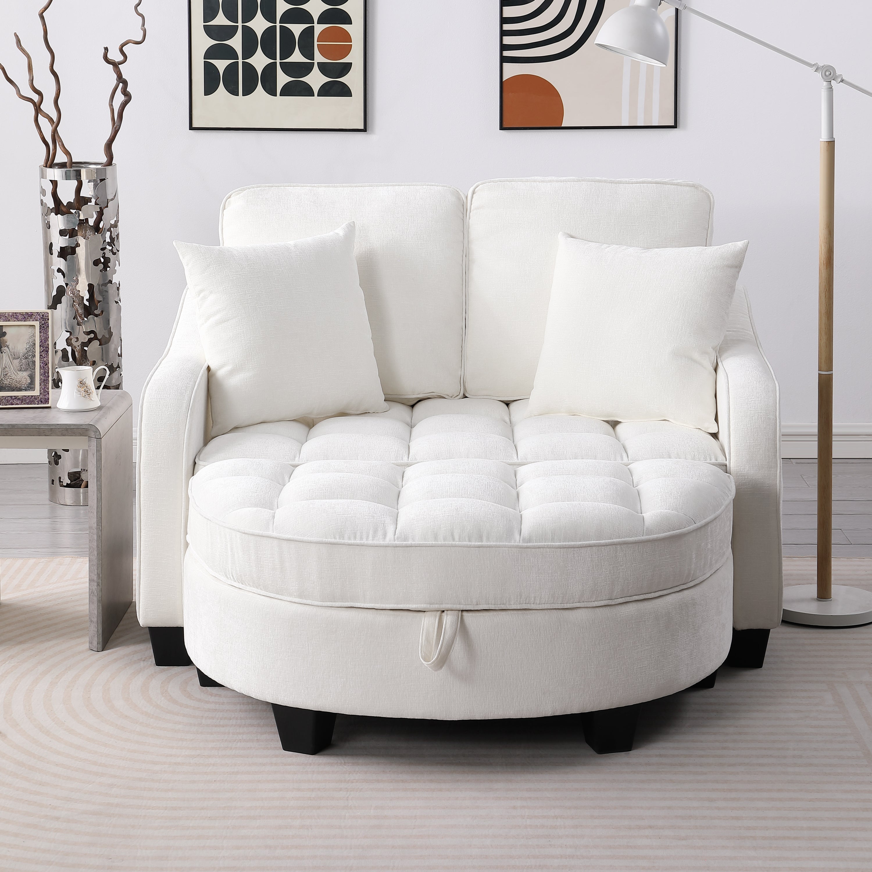 Modern Corduroy Loveseat Sofa with Storage Ottoman - White