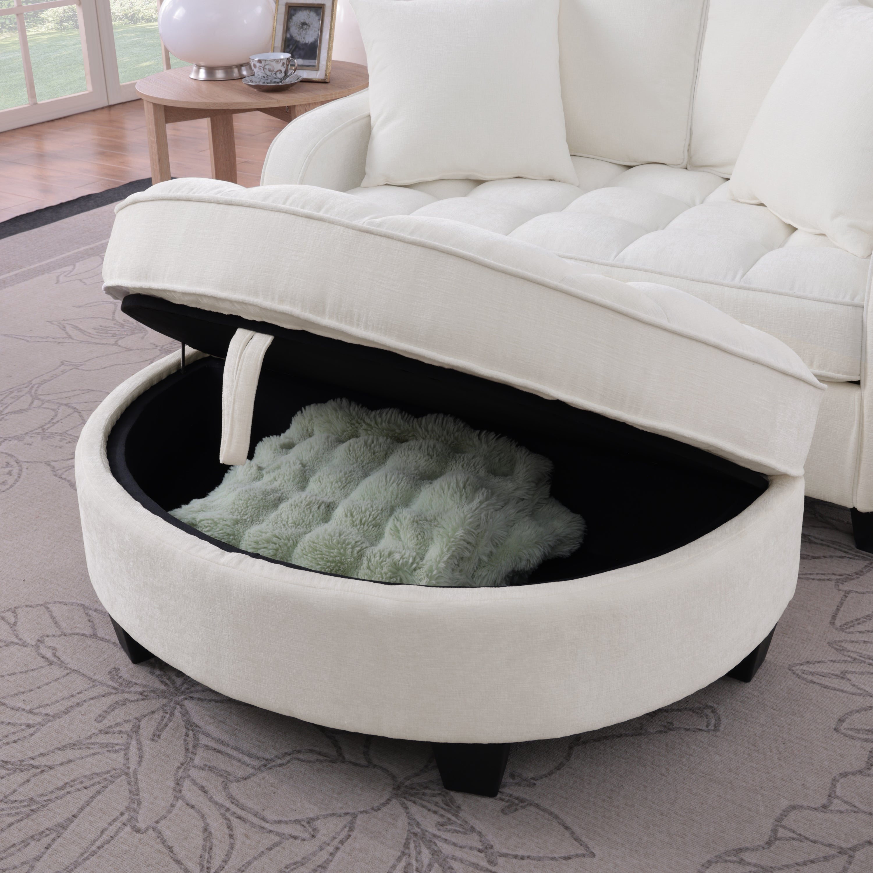 Modern Corduroy Loveseat Sofa with Storage Ottoman - White