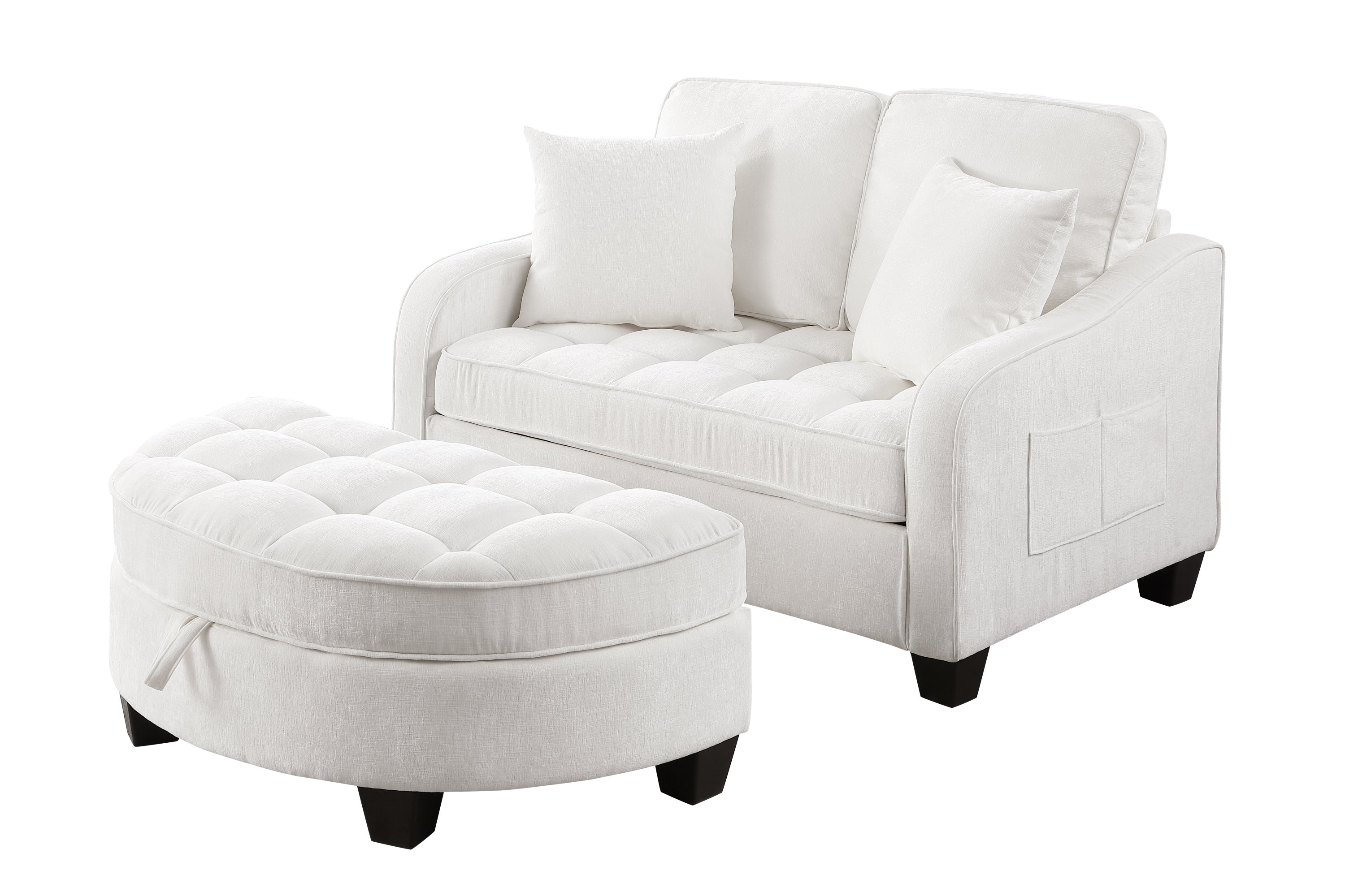 Modern Corduroy Loveseat Sofa with Storage Ottoman - White