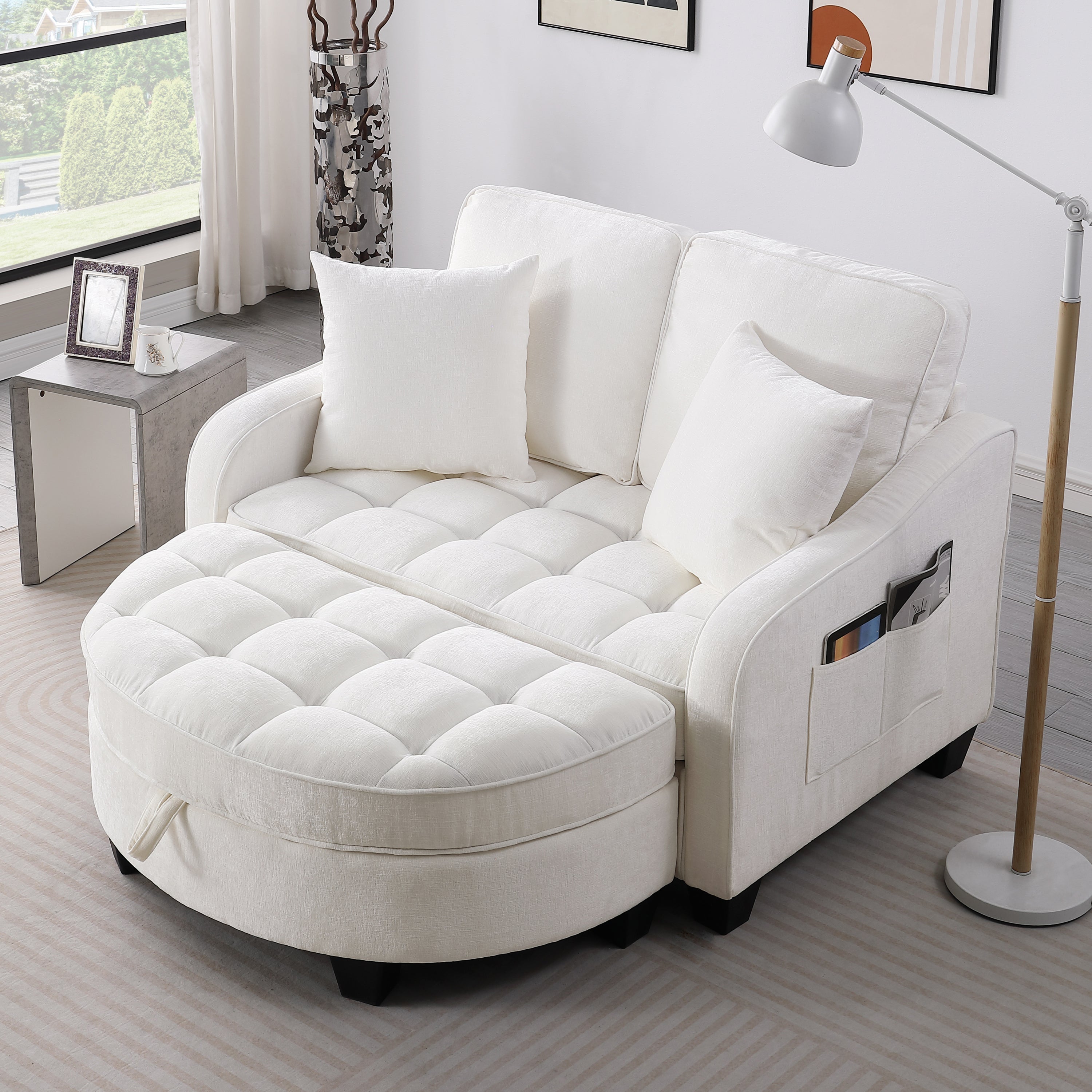 Modern Corduroy Loveseat Sofa with Storage Ottoman - White