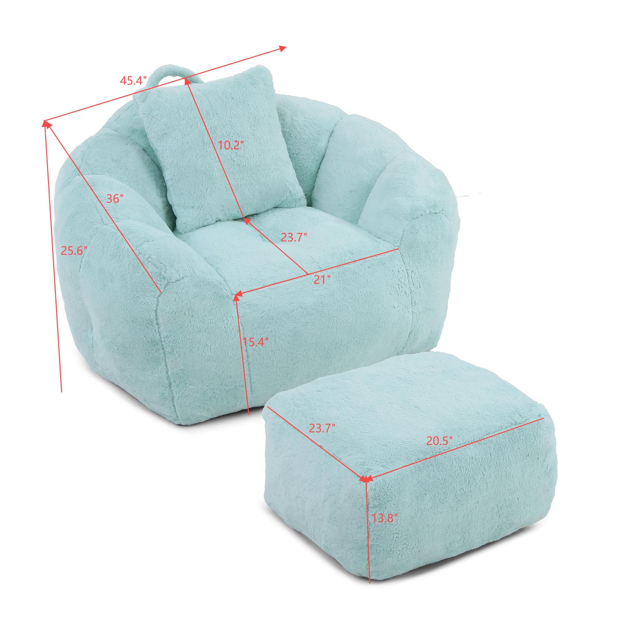 Modern Faux Fur Bean Bag Lounge Chair with Ottoman – Light Blue