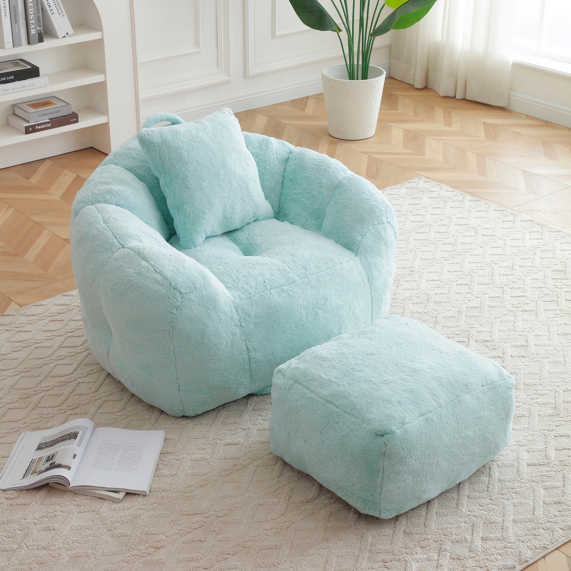Modern Faux Fur Bean Bag Lounge Chair with Ottoman – Light Blue