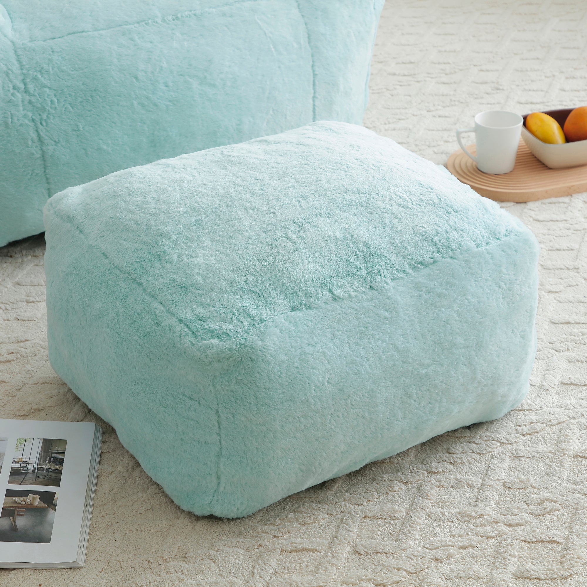 Modern Faux Fur Bean Bag Lounge Chair with Ottoman – Light Blue