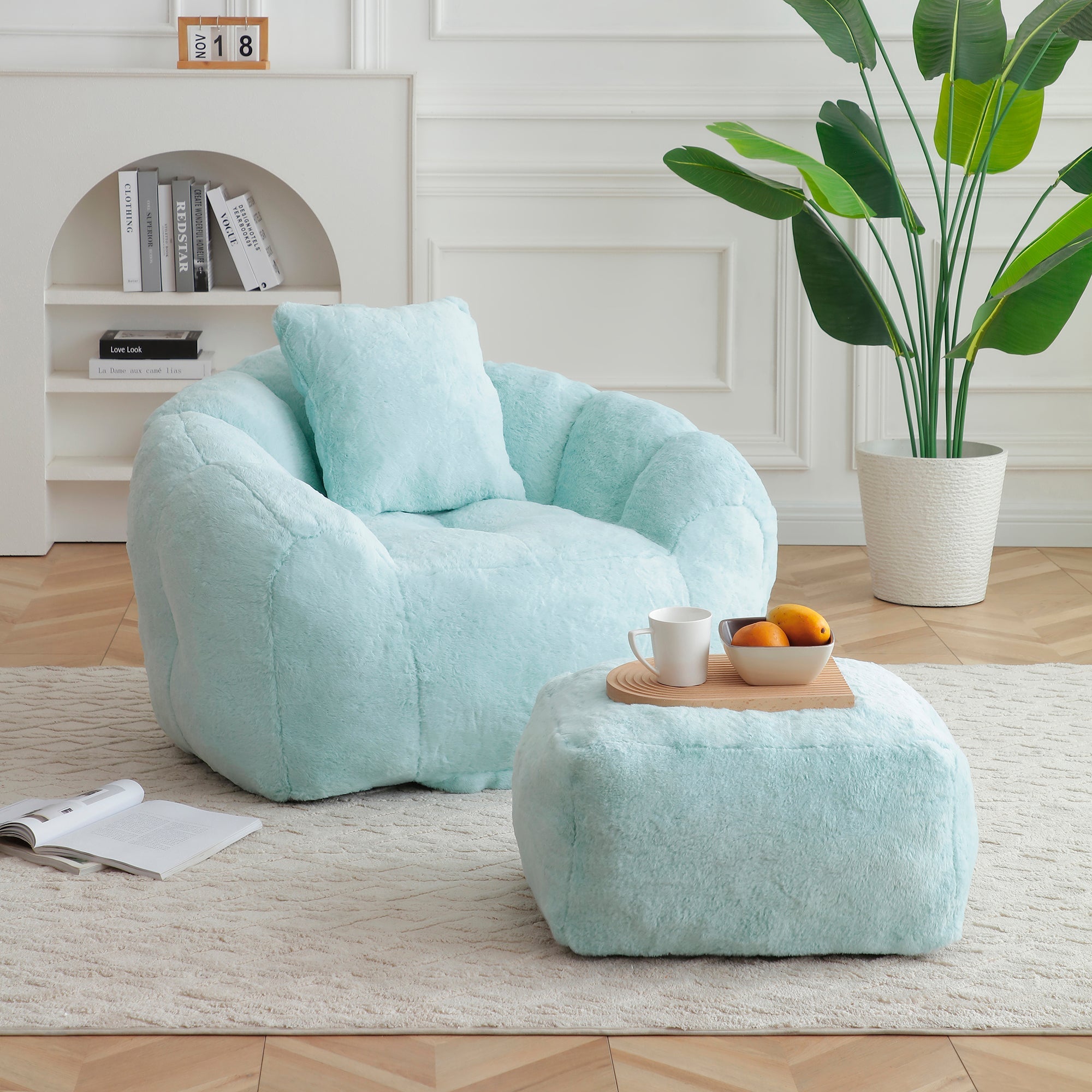 Modern Faux Fur Bean Bag Lounge Chair with Ottoman – Light Blue