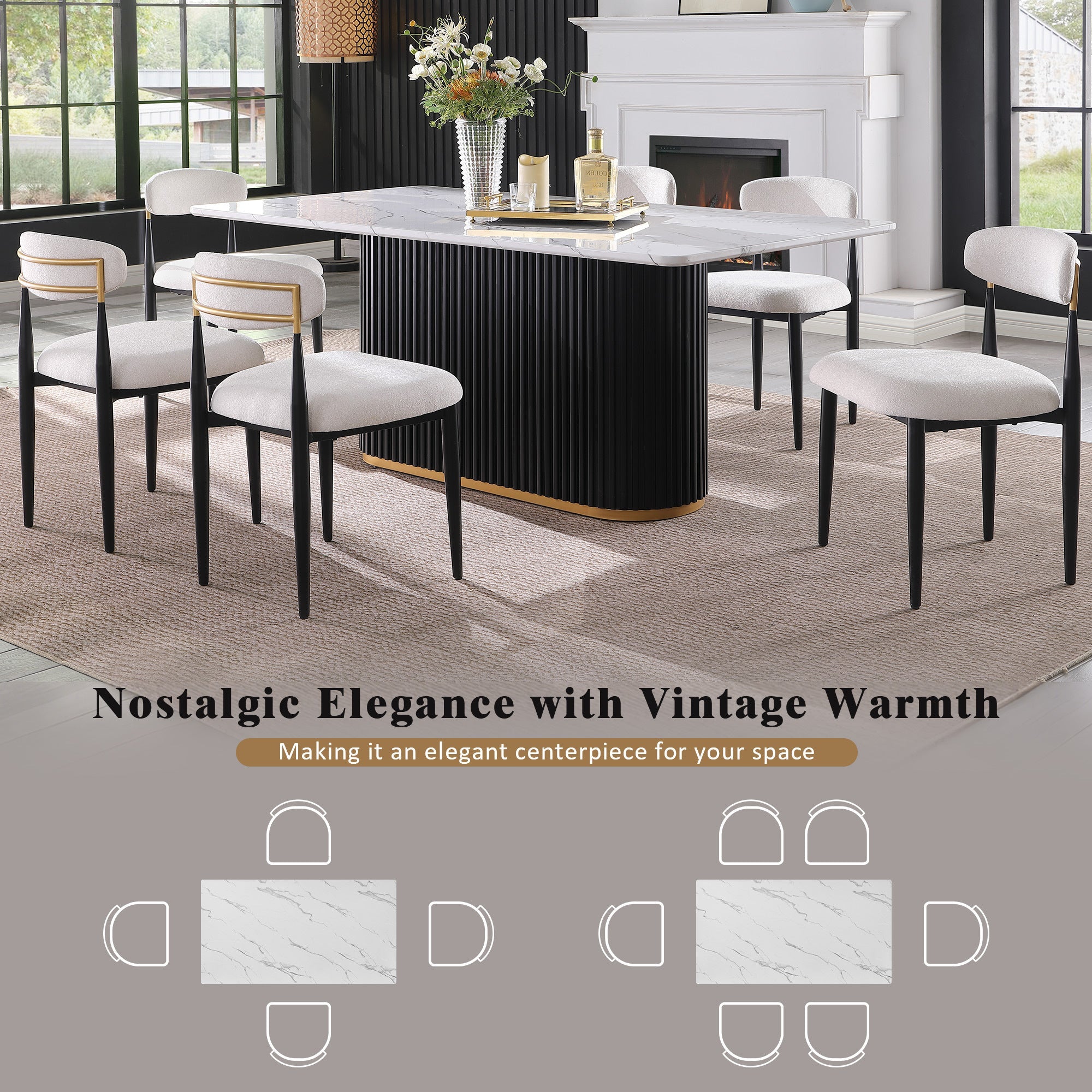Modern Faux Marble Dining Set with Chenille Upholstered Chairs