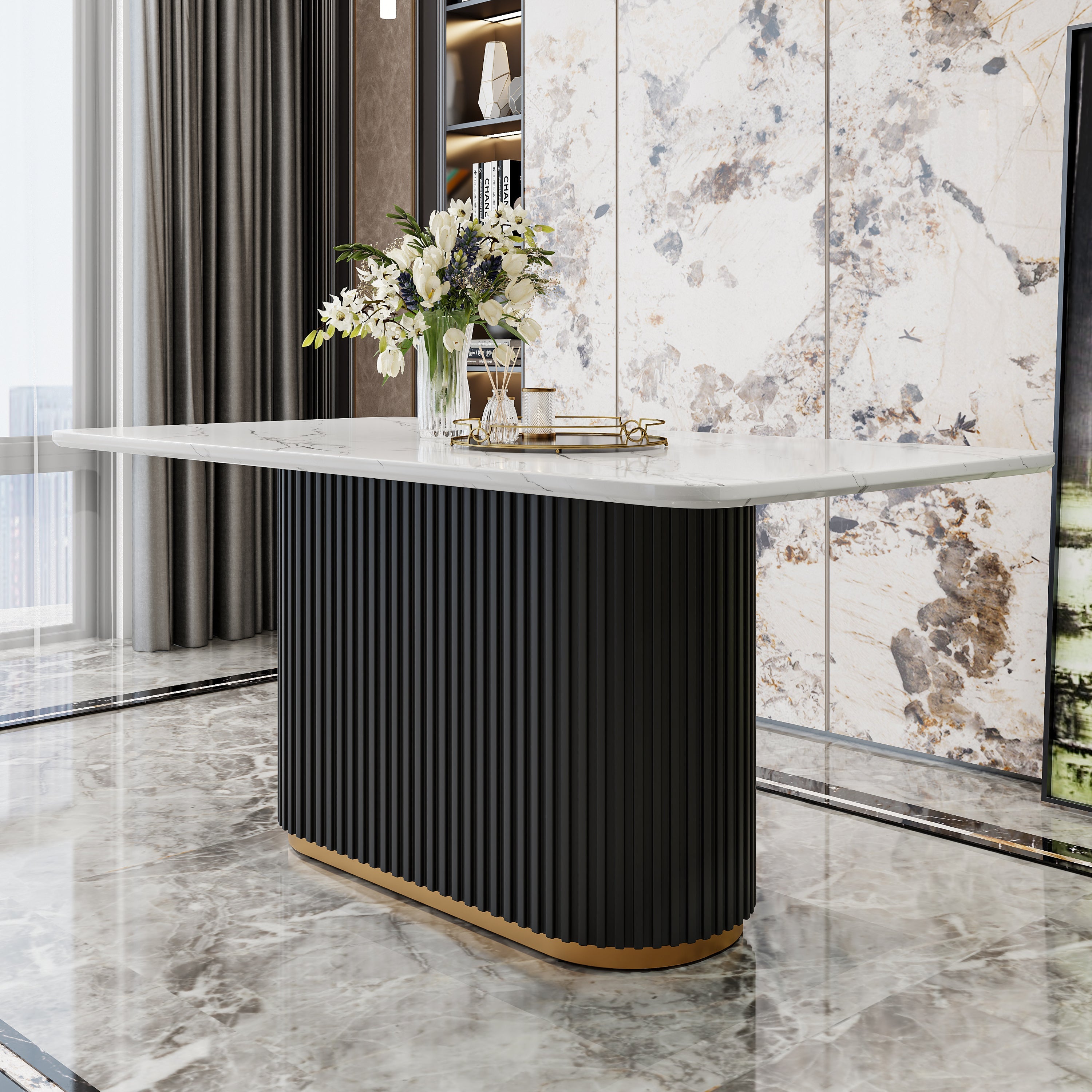 Modern Faux Marble Dining Set with Chenille Upholstered Chairs