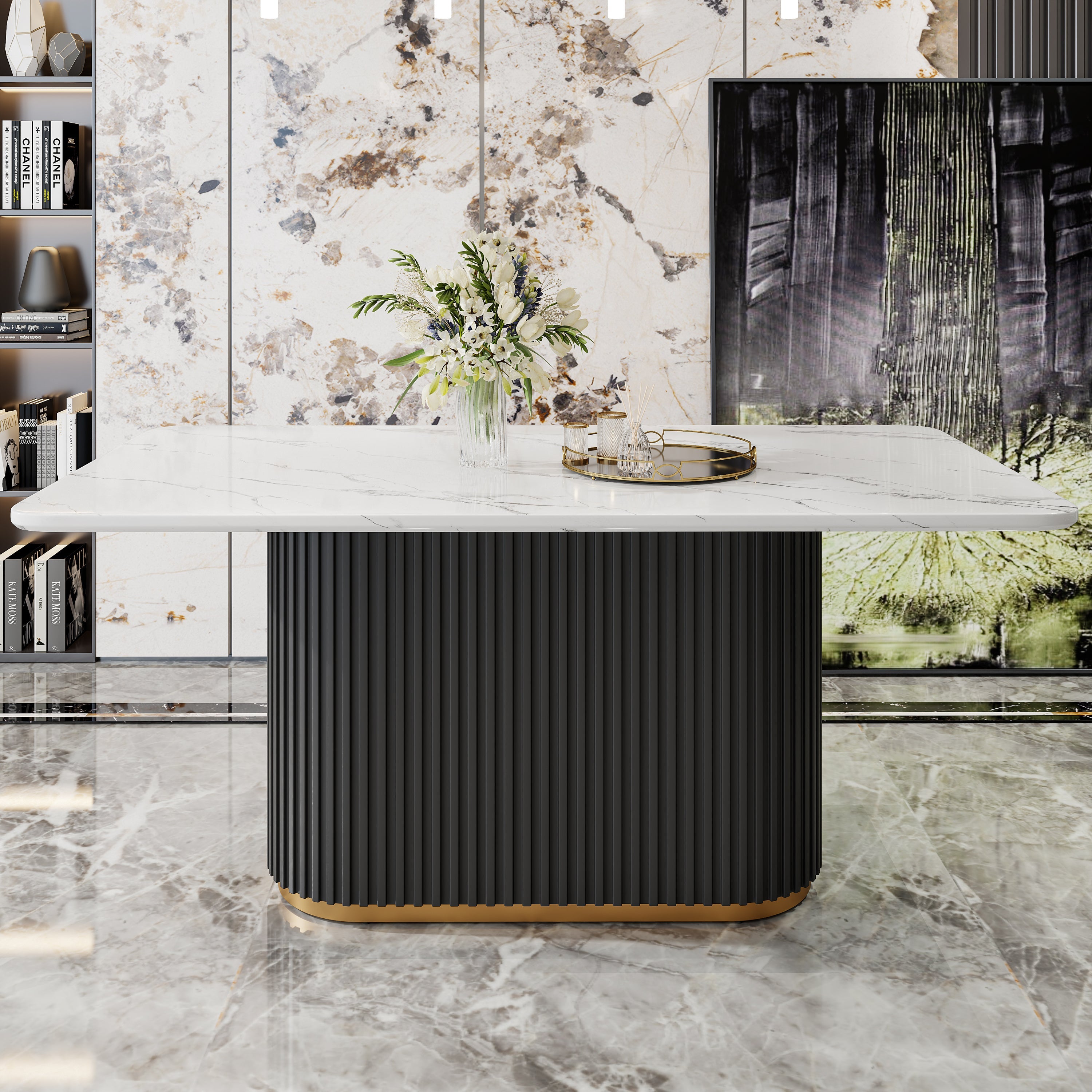 Modern Faux Marble Dining Set with Chenille Upholstered Chairs