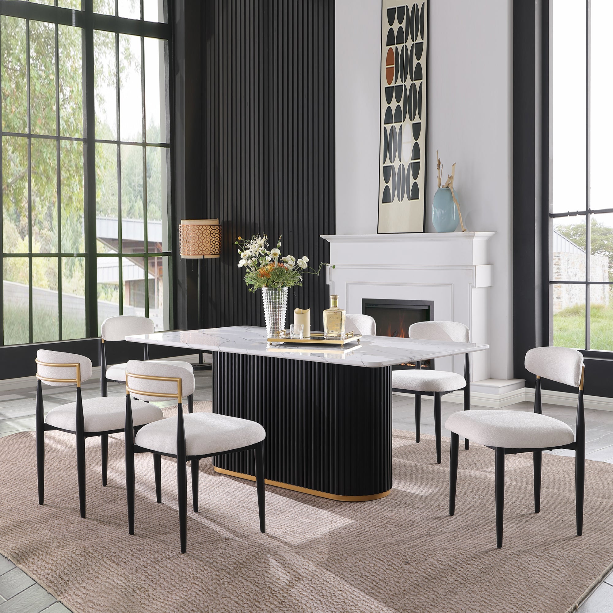 Modern Faux Marble Dining Set with Chenille Upholstered Chairs