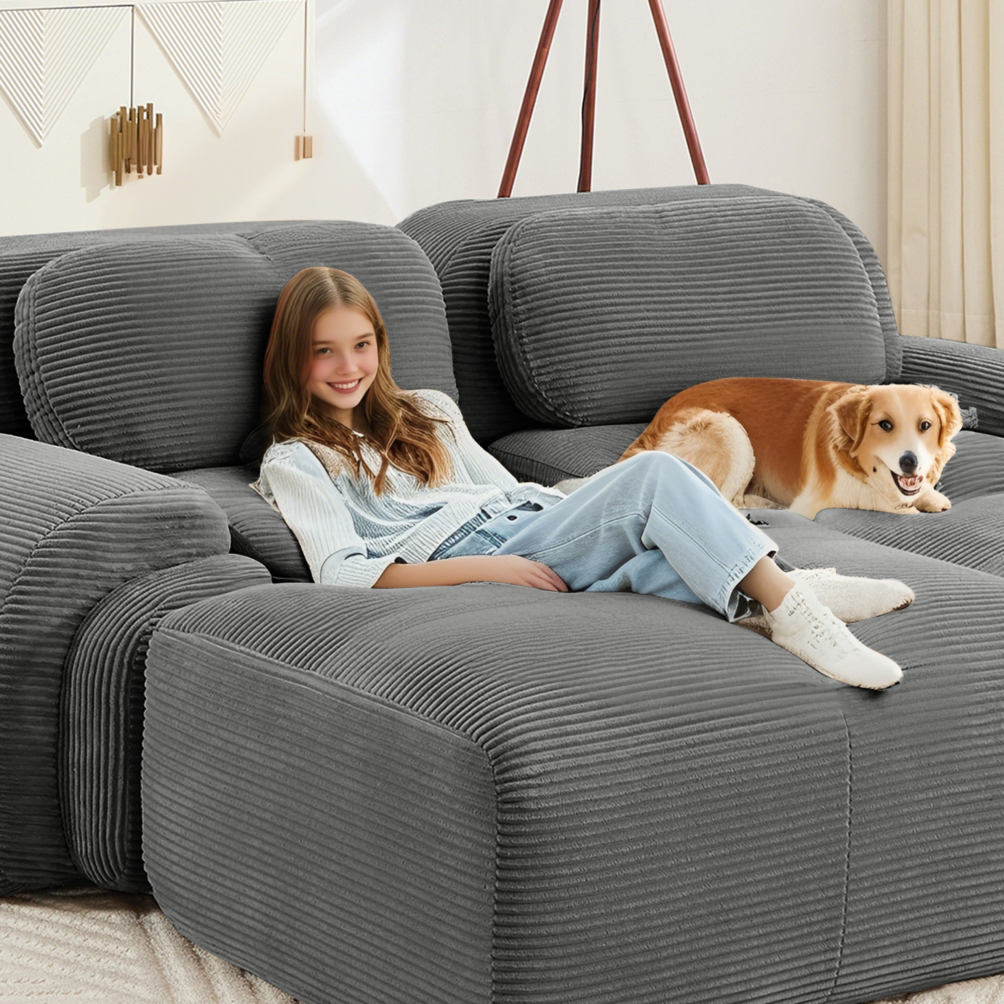 Modern Grey Corduroy Modular Sectional Sofa – 3 Seater
