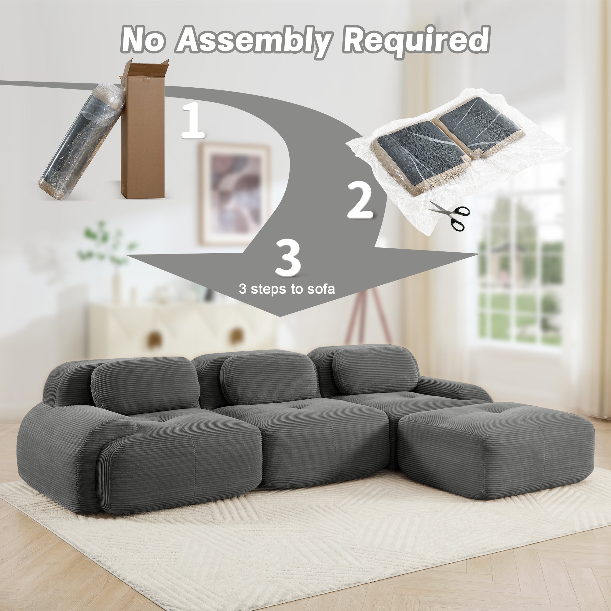 Modern Grey Corduroy Modular Sectional Sofa – 3 Seater