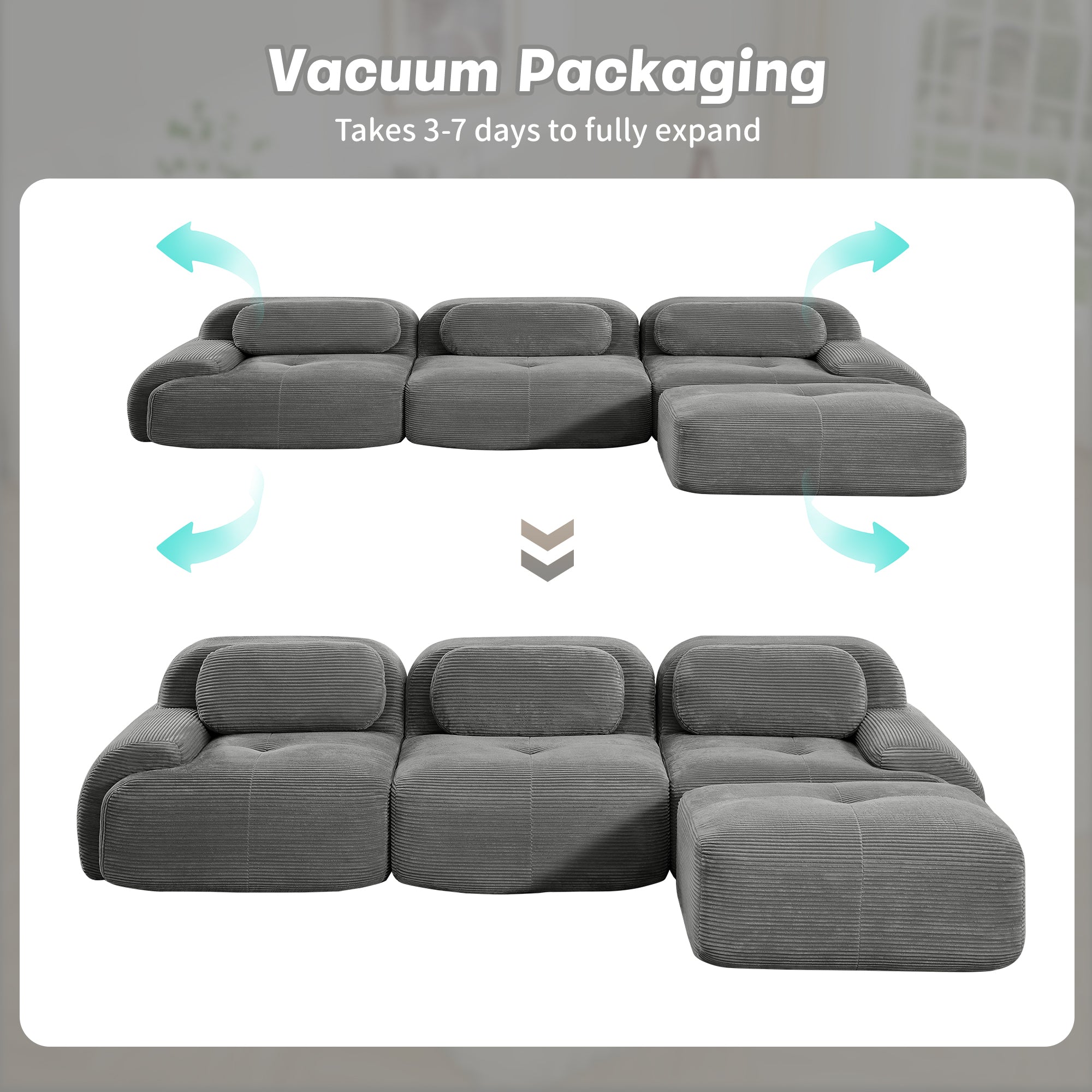 Modern Grey Corduroy Modular Sectional Sofa – 3 Seater