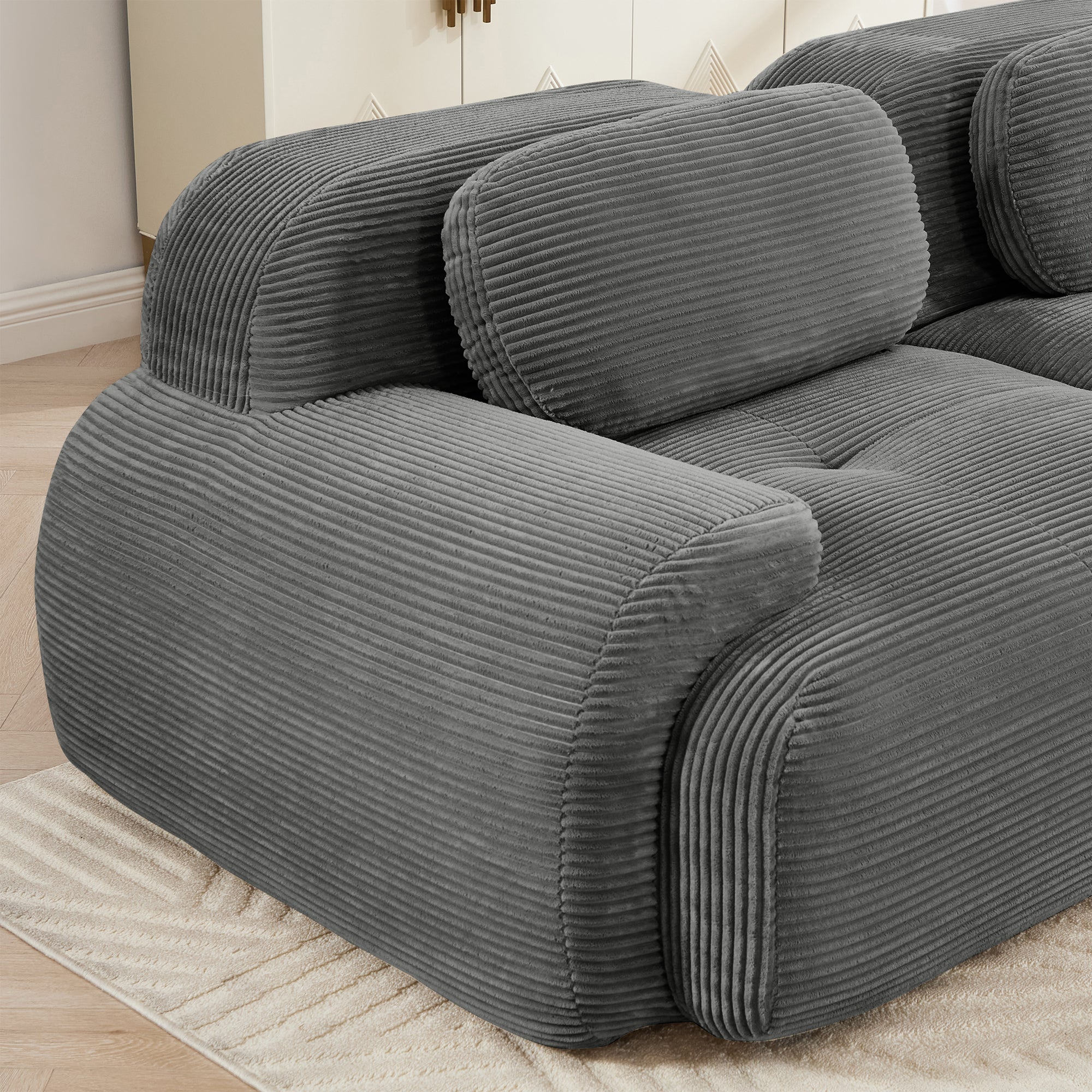 Modern Grey Corduroy Modular Sectional Sofa – 3 Seater