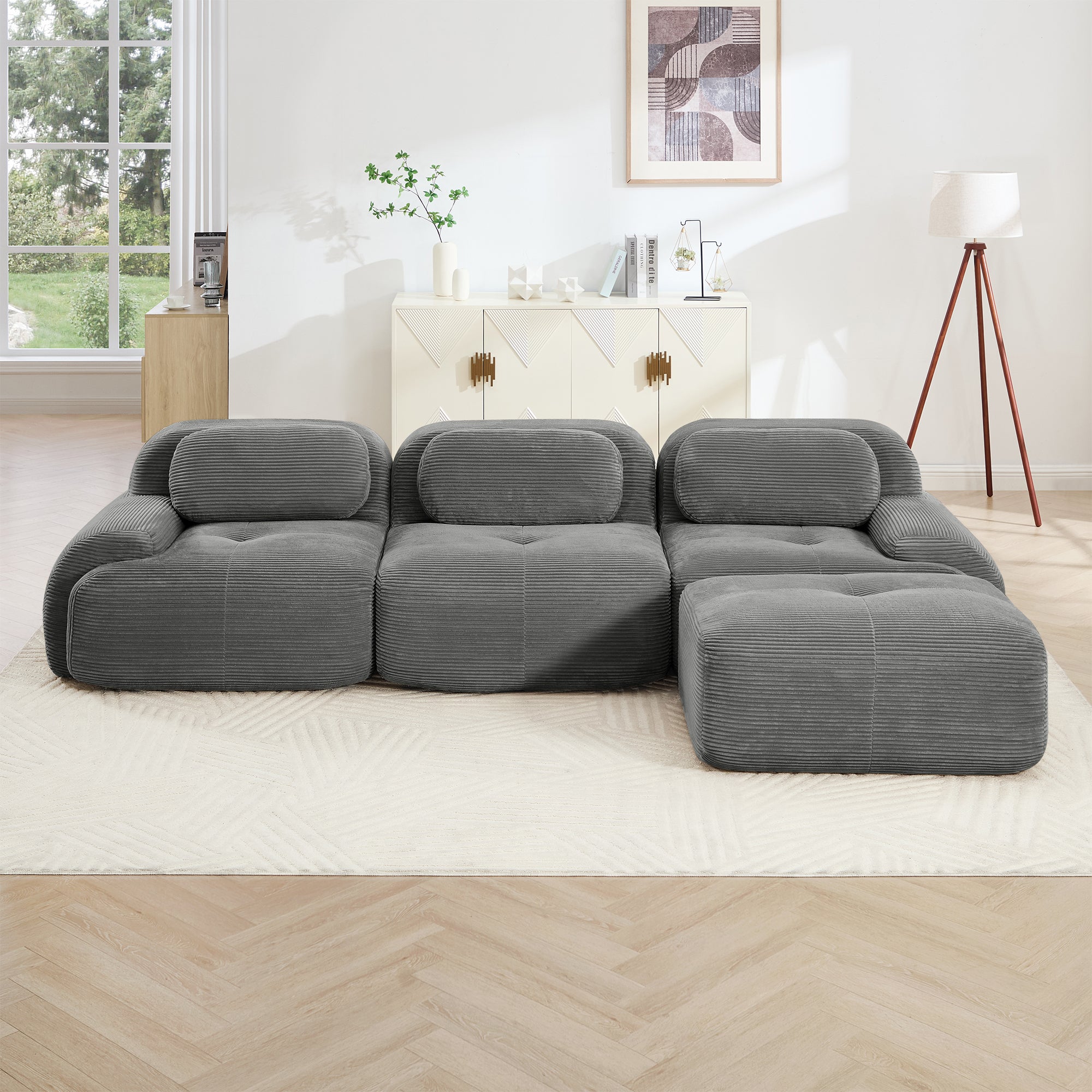 Modern Grey Corduroy Modular Sectional Sofa – 3 Seater