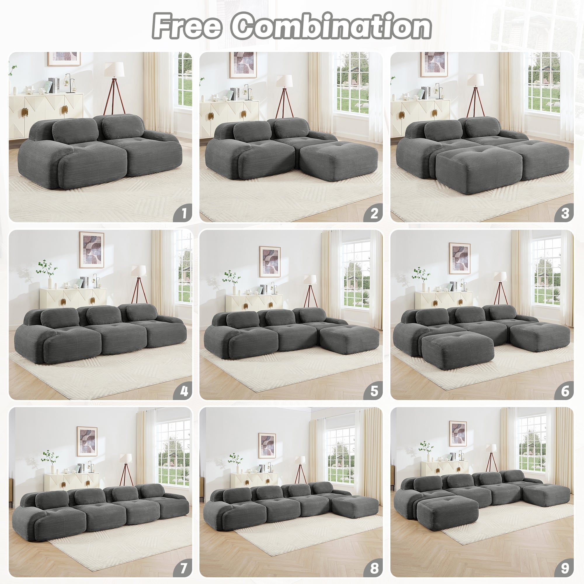 Modern Grey Corduroy Modular Sectional Sofa – 3 Seater