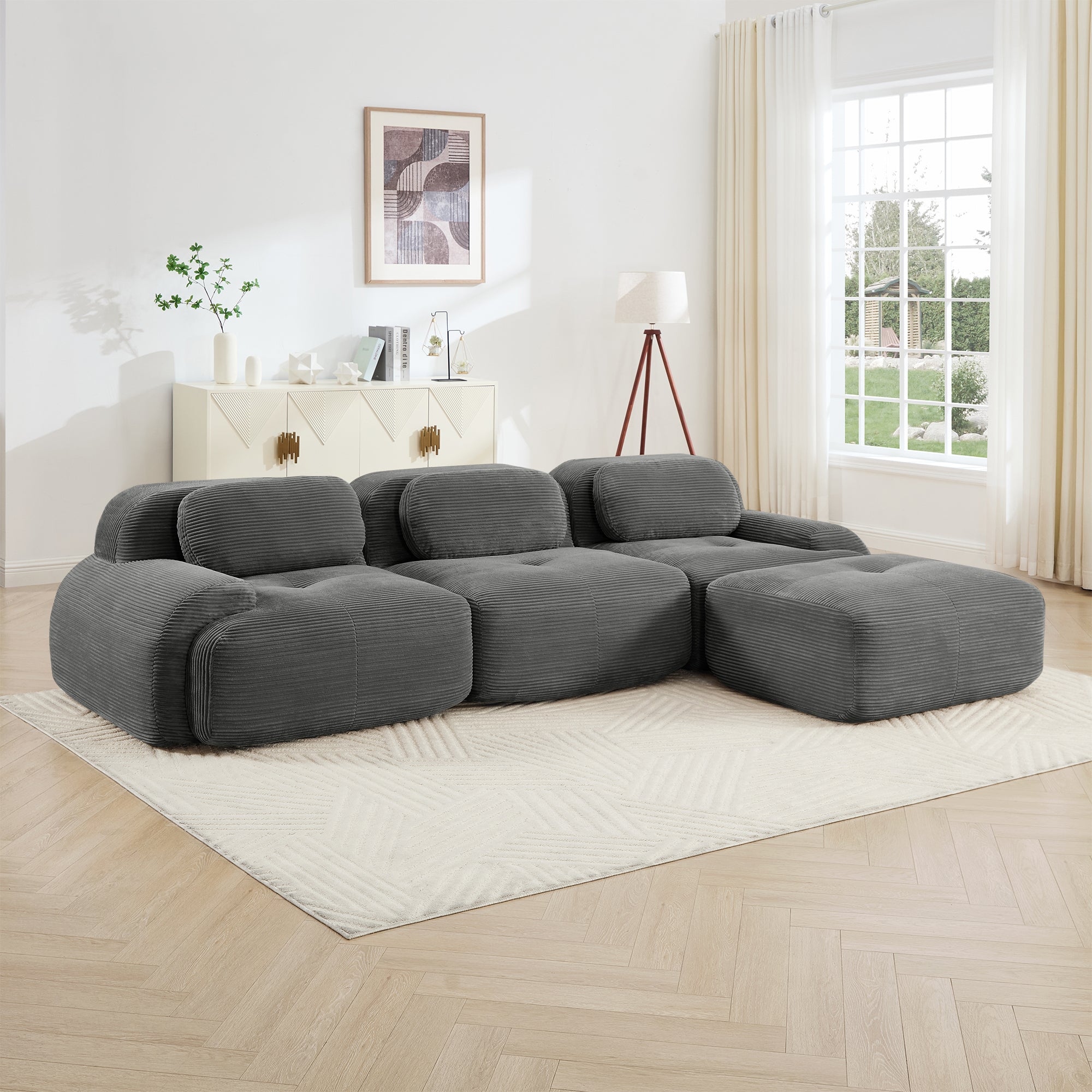 Modern Grey Corduroy Modular Sectional Sofa – 3 Seater