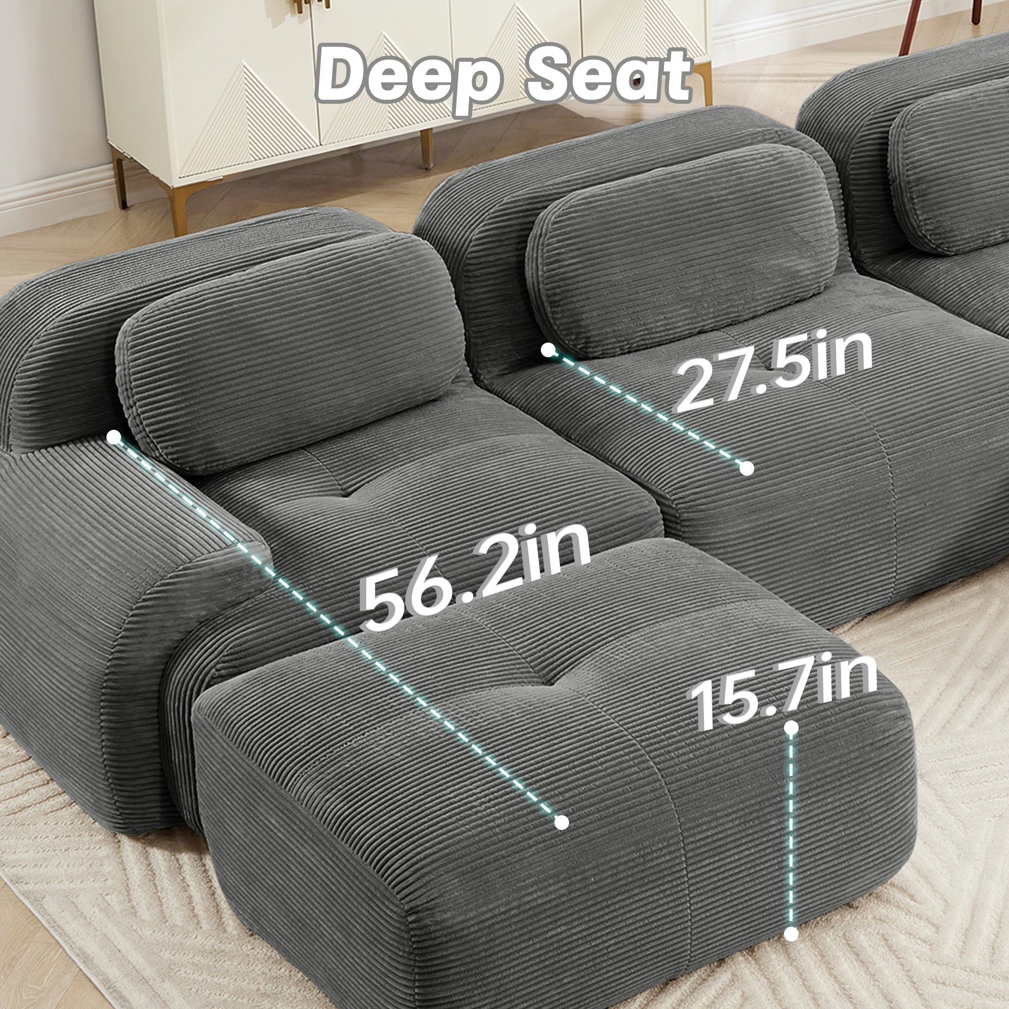 Modern Grey Corduroy Modular Sectional Sofa – 3 Seater