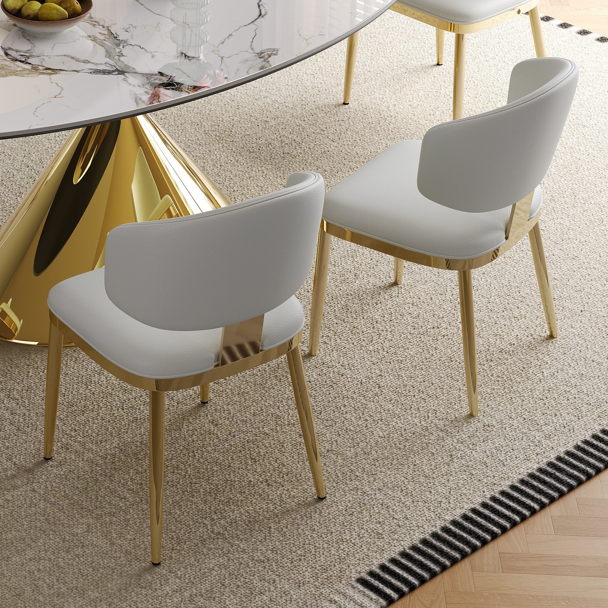Modern White Sintered Stone Dining Table with Gold Stainless Steel Base