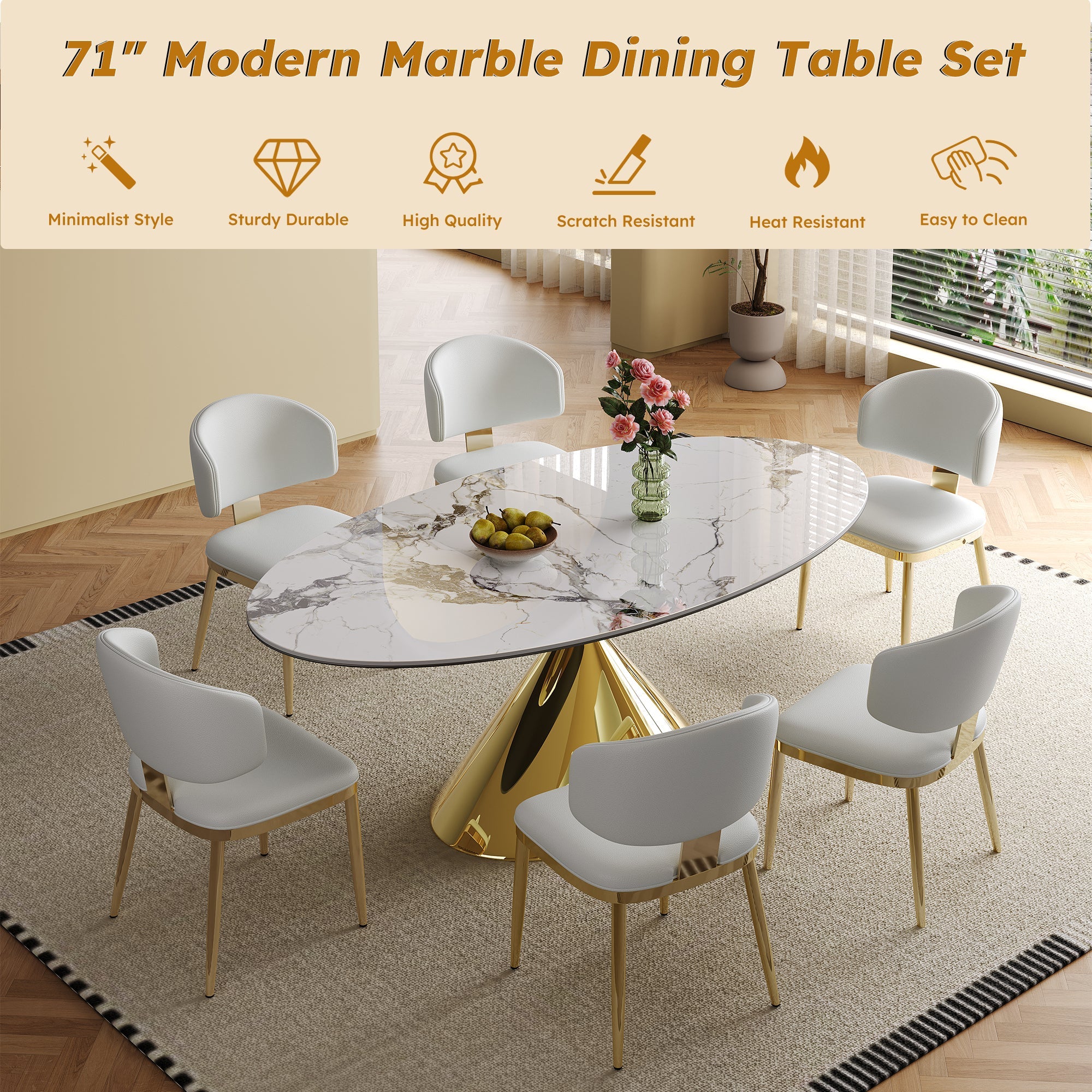 Modern White Sintered Stone Dining Table with Gold Stainless Steel Base