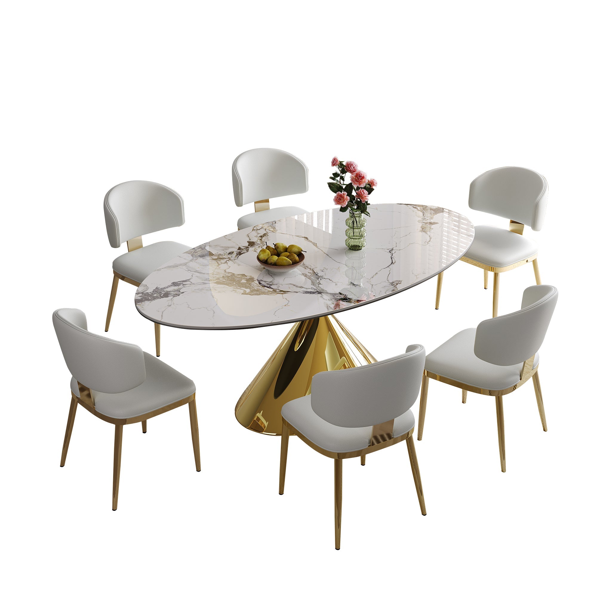Modern White Sintered Stone Dining Table with Gold Stainless Steel Base
